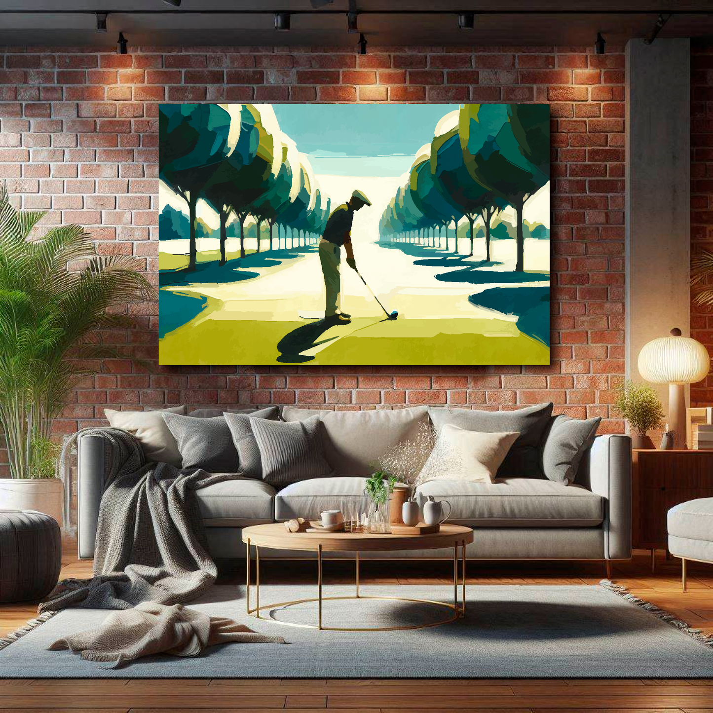 Huge abstract canvas print of a man playing golf. Mounted on a brick wall above a gray sofa with decorative pillows.