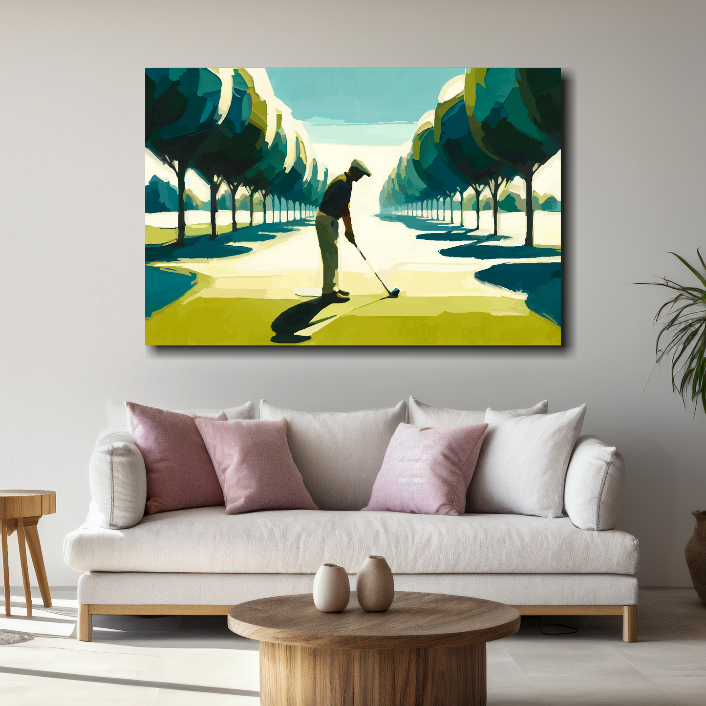 Large abstract canvas print of a man playing golf. Mounted on a white wall above a white sofa with decorative pillows.