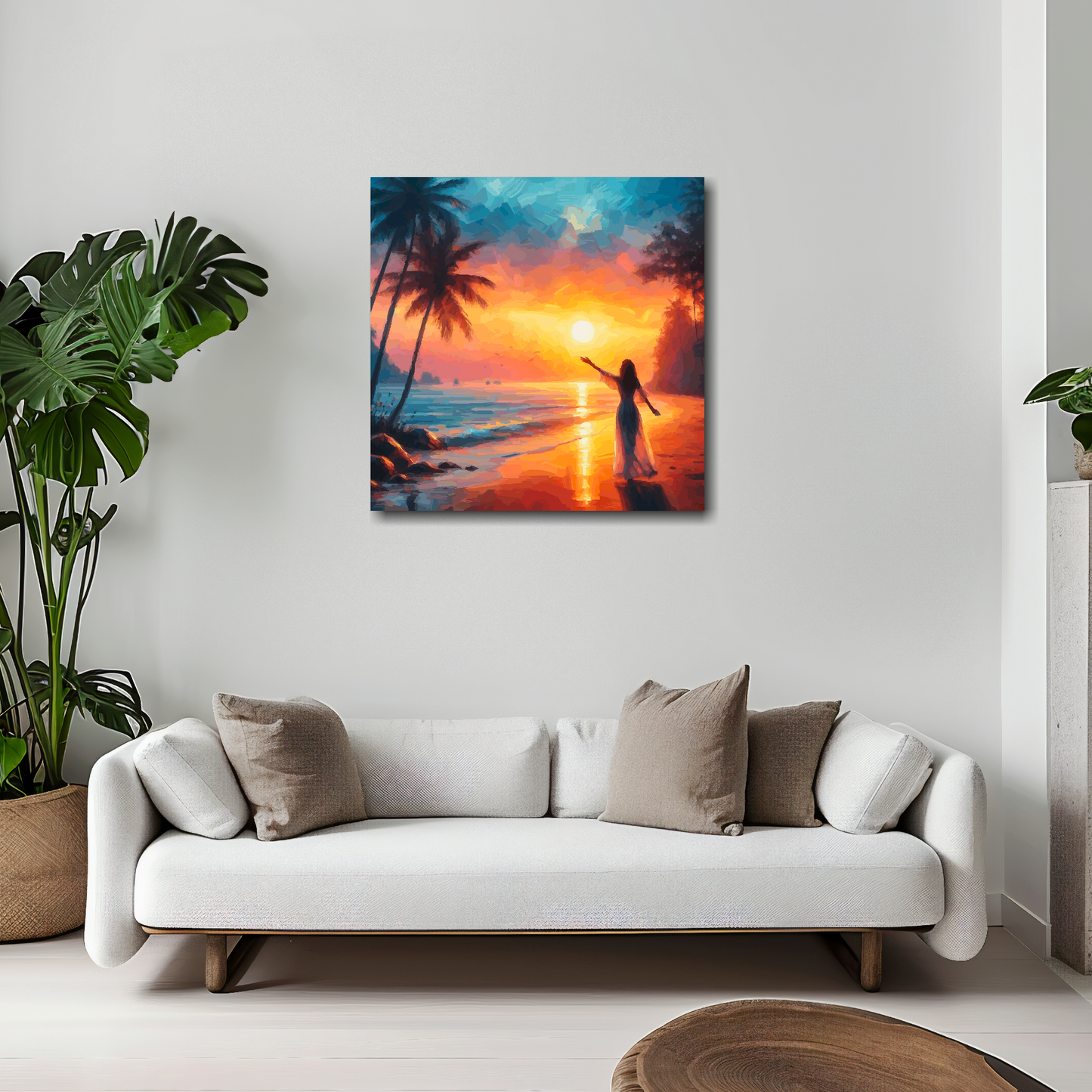 20 inch by 20 inch square canvas featuring a carribean sunset beach scene. Mounted on a white wall above a white sofa with decorative pillows.