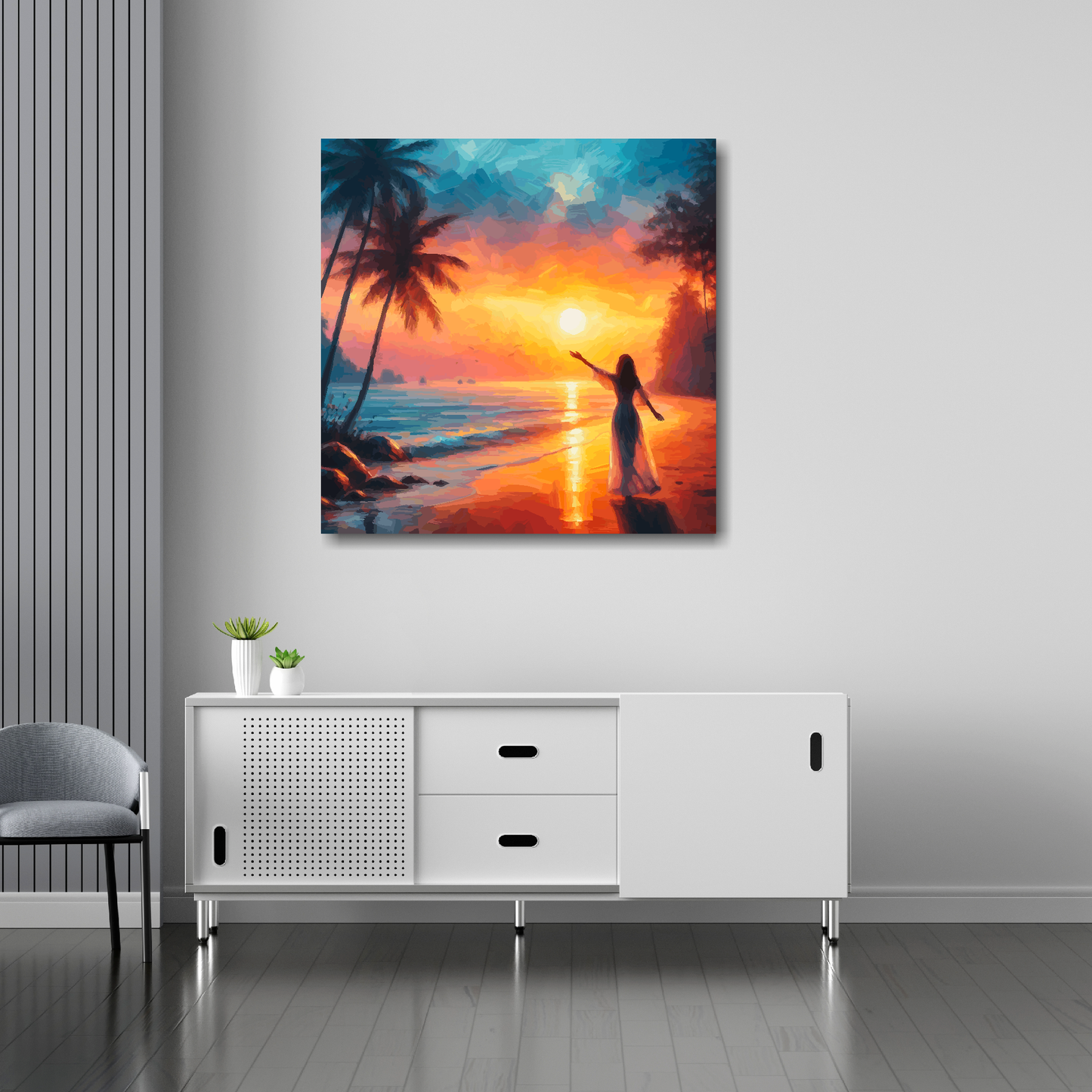 30 inch by 30 inch square canvas featuring a carribean sunset beach scene. Mounted on a white wall above a white sideboard.