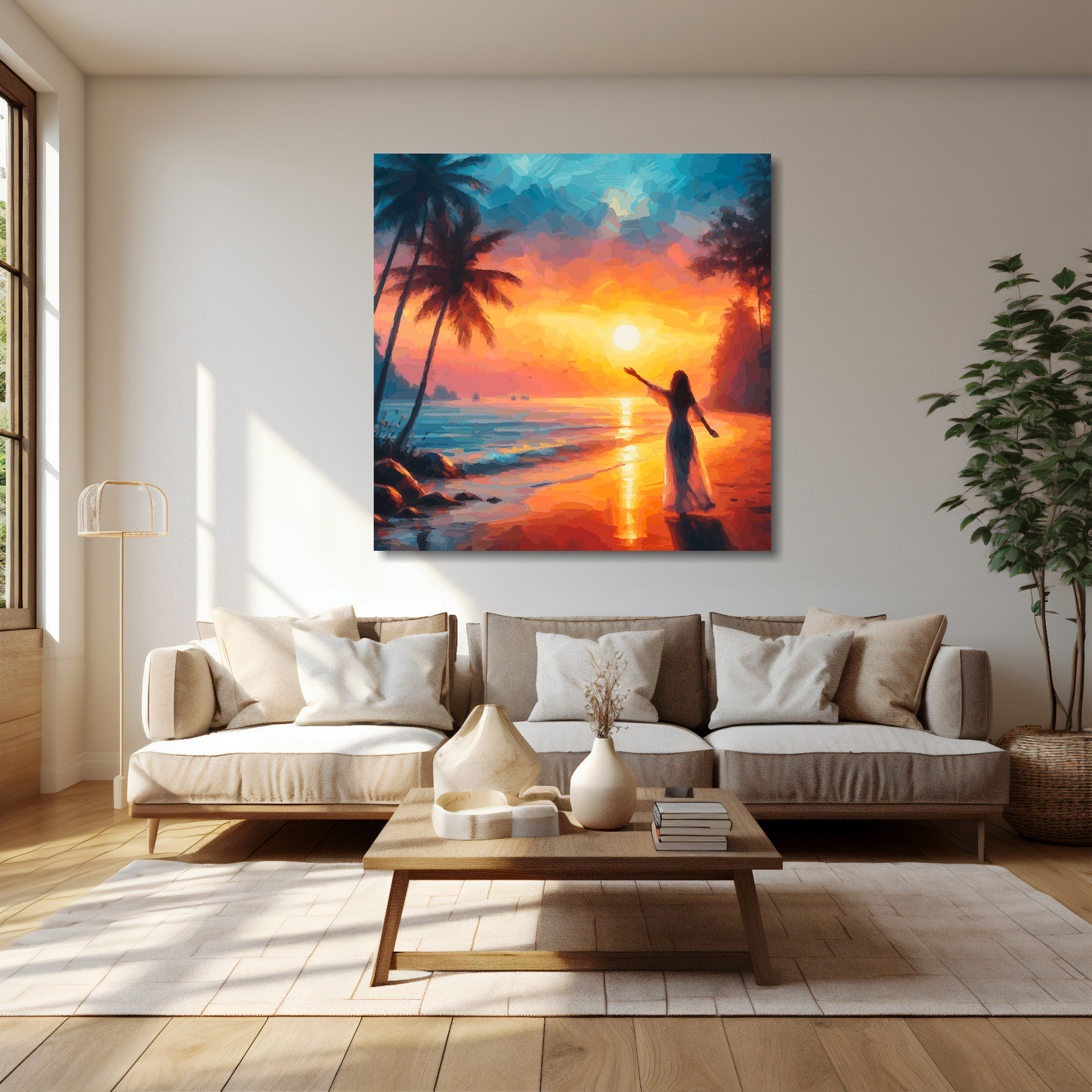 40 inch by 40 inch square canvas featuring a carribean sunset beach scene. Mounted on a cream wall above a cream sofa with decorative pillows.