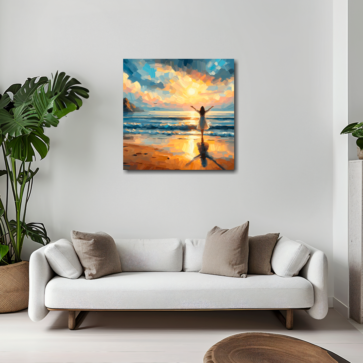 20 inch by 20 inch square canvas featuring a colourful abstract sunrise seascape. Mounted on a white wall above a white sofa with decorative pillows.