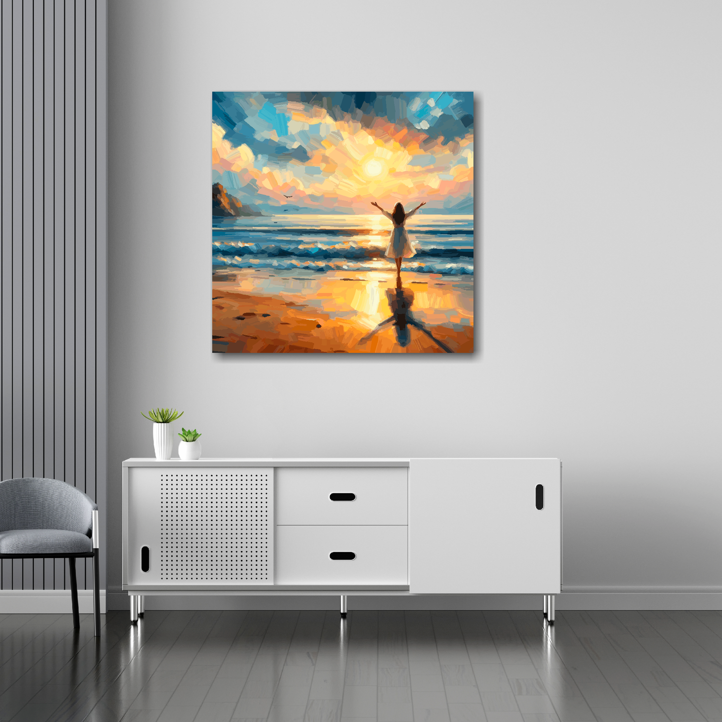 30 inch by 30 inch square canvas featuring a colourful abstract sunrise seascape. Mounted on a white wall above a white sideboard.