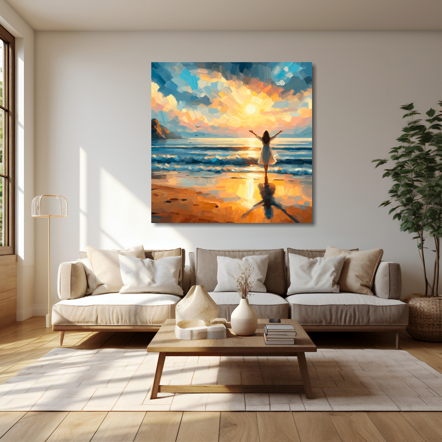 40 inch by 40 inch square canvas featuring a colourful abstract sunrise seascape. Mounted on a cream wall above a cream sofa with decorative pillows.