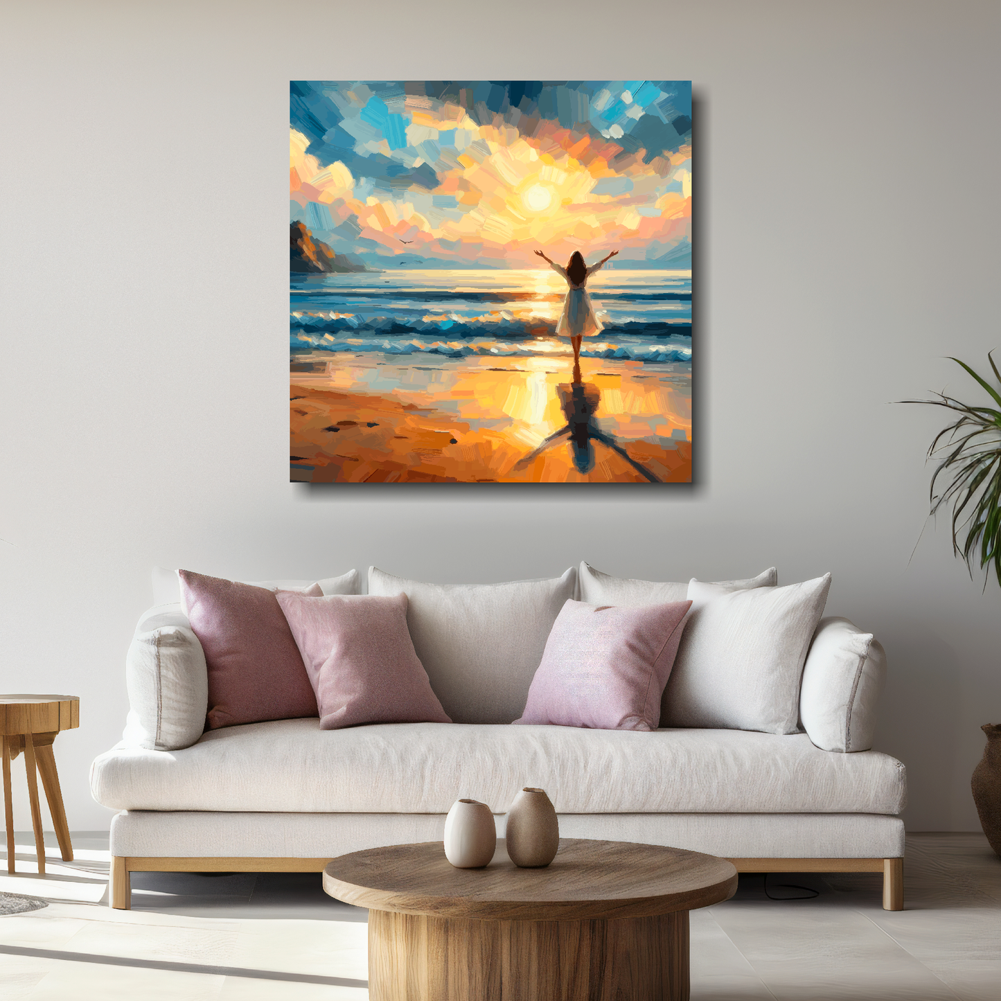 Large canvas wall art - Vibrant abstract, a woman hails the sun in a beach scene, Available in 3 large sizes.