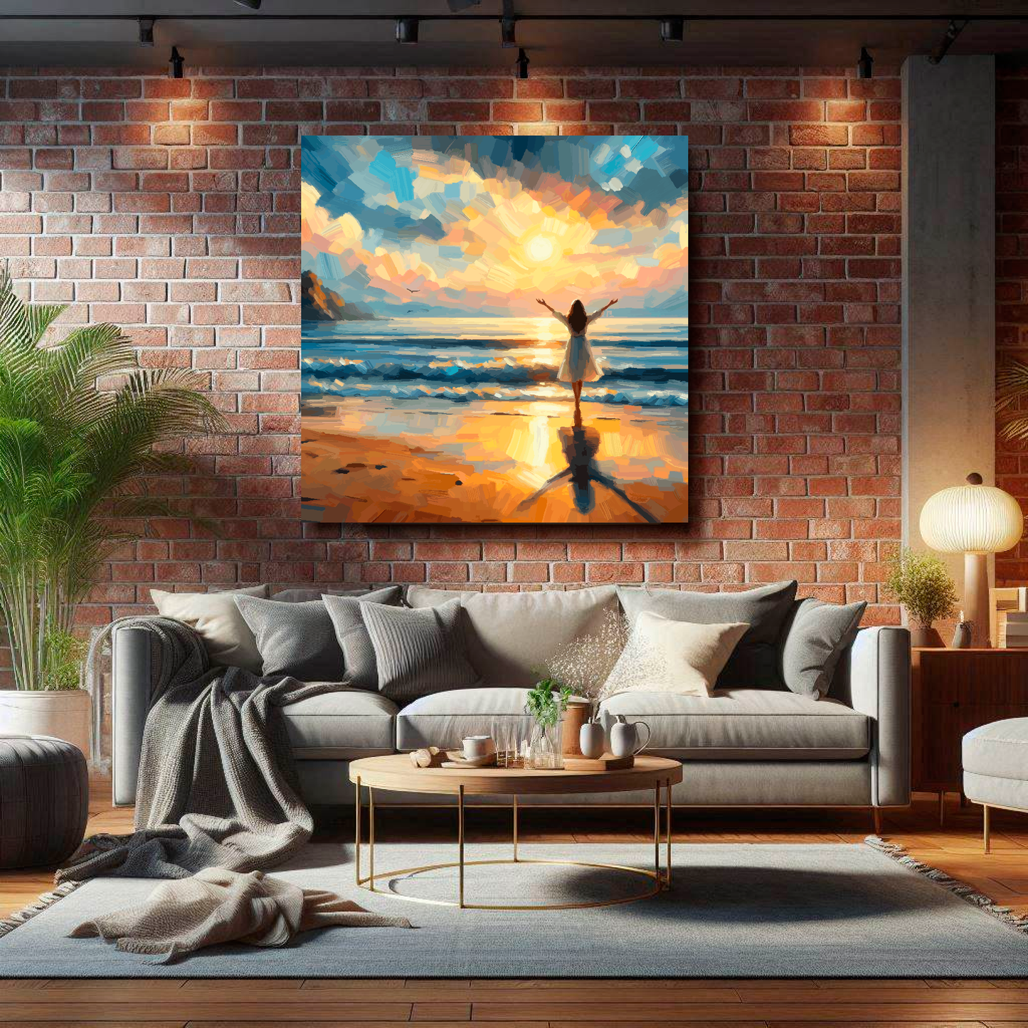 Large canvas wall art - Vibrant abstract, a woman hails the sun in a beach scene, Available in 3 large sizes.