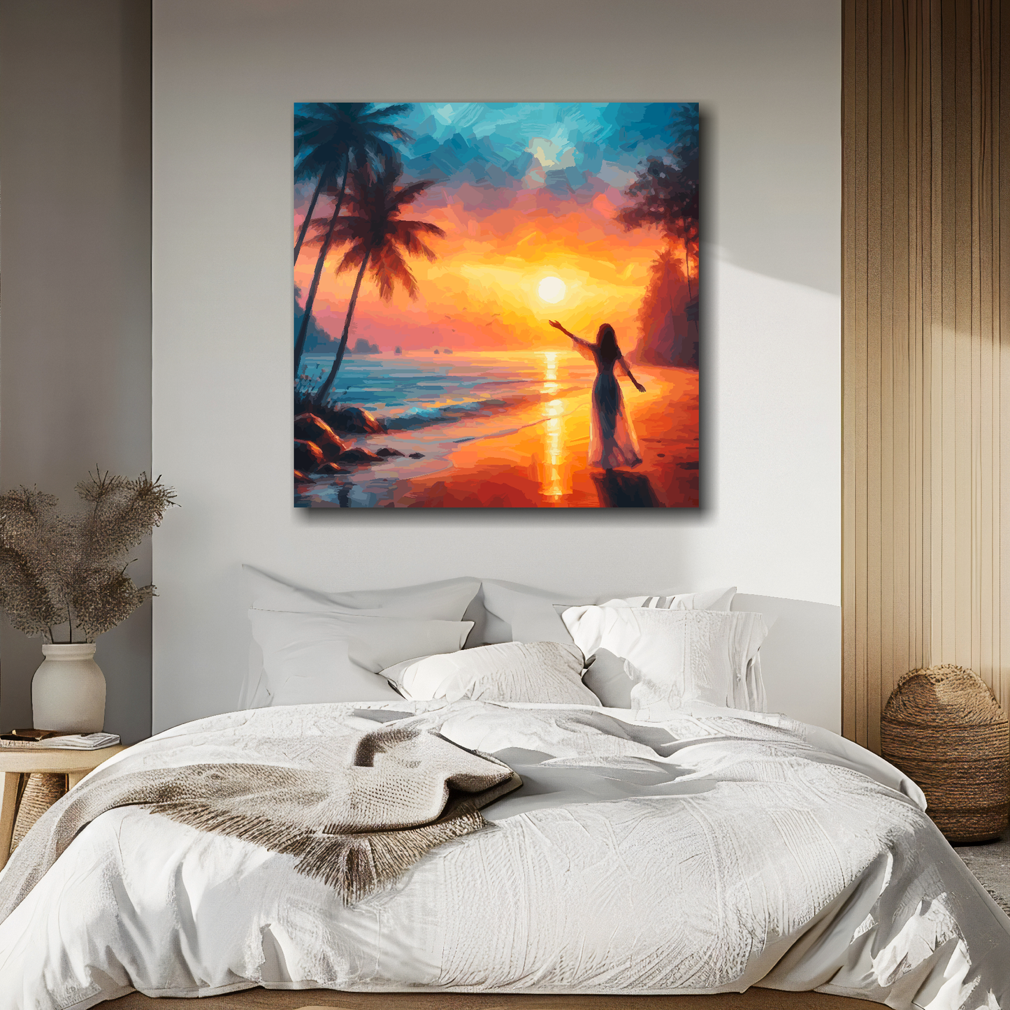Large canvas wall art - A colourful tropical evening beach scene, a woman hails the sunset. Available in 3 large sizes.