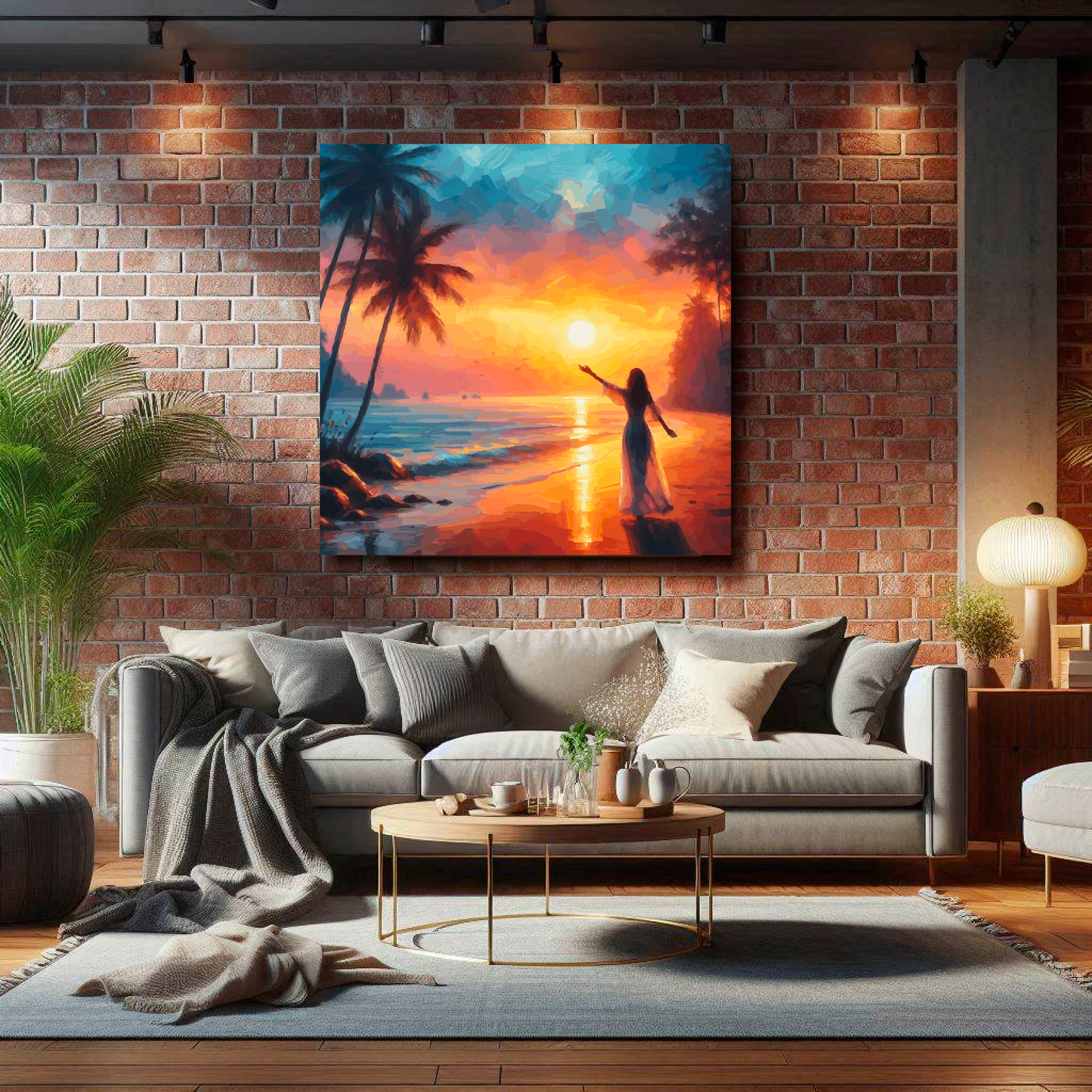 Large canvas wall art - A colourful tropical evening beach scene, a woman hails the sunset. Available in 3 large sizes.