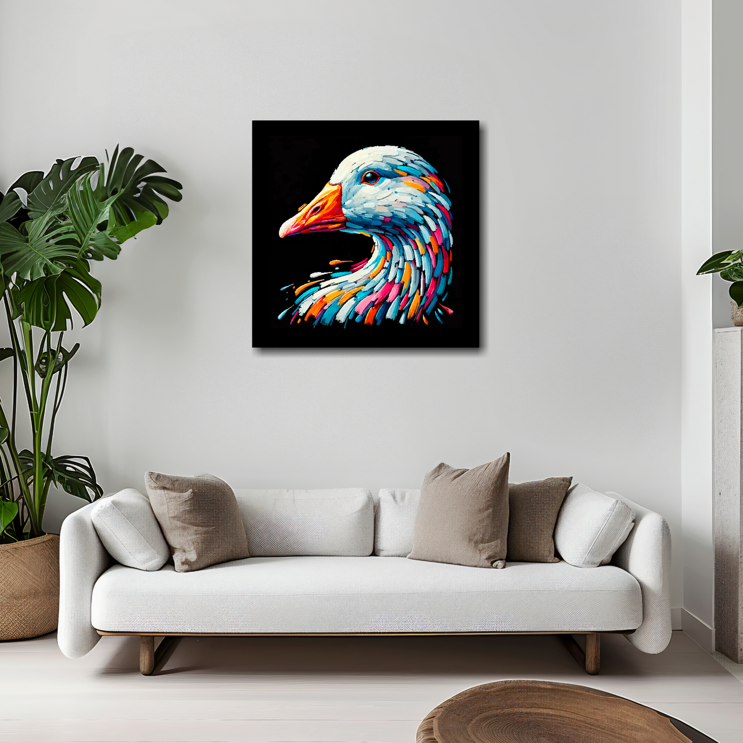20 inch by 20 inch square canvas of a colourful Goose head portrait on a black background. Mounted on a white wall above a white sofa with decorative pillows.