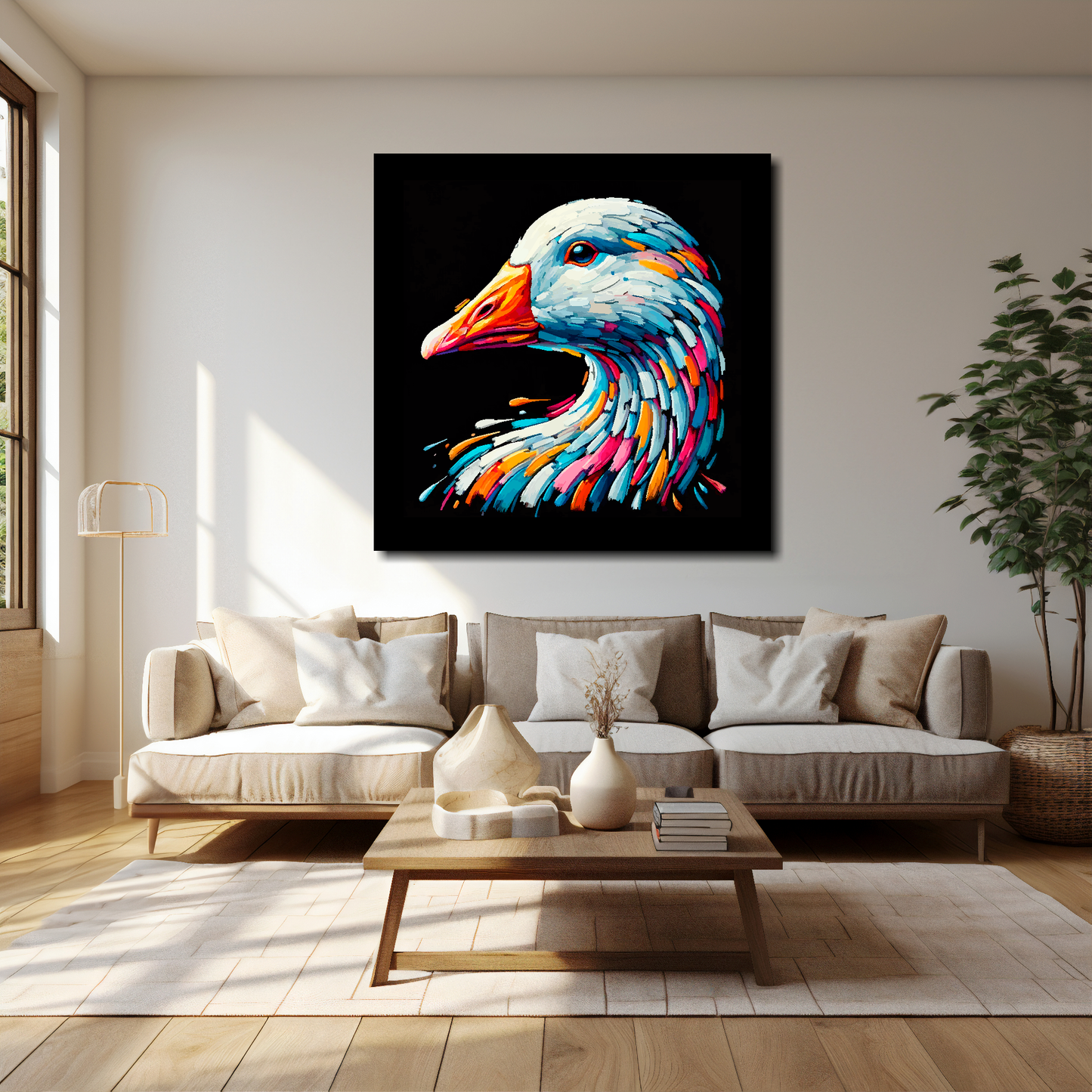 40 inch by 40 inch square canvas of a colourful Goose head portrait on a black background. Mounted on a white wall above a cream sofa with decorative pillows.