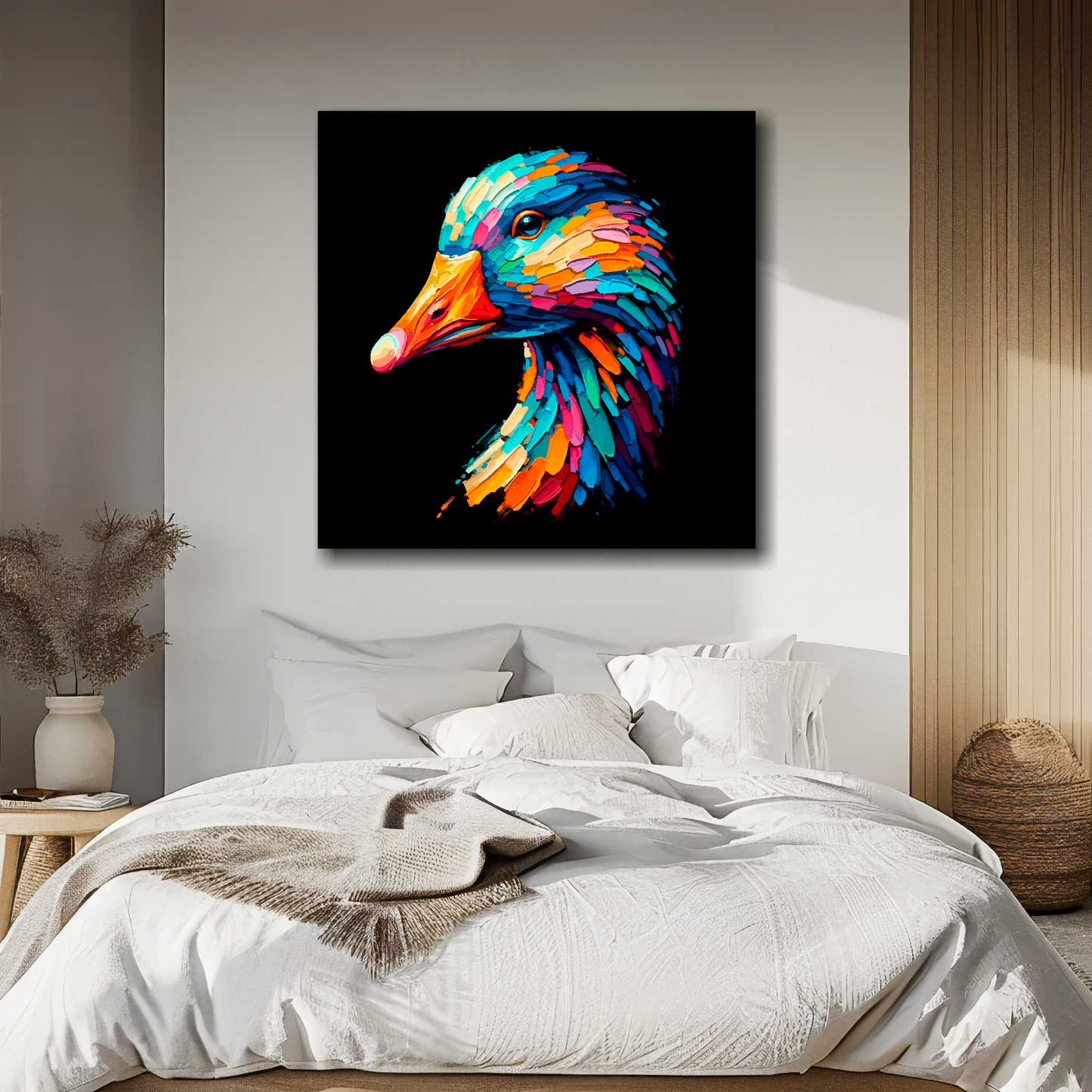 Large canvas wall art - Colourful Goose portrait on a black background. Available in 3 large sizes.