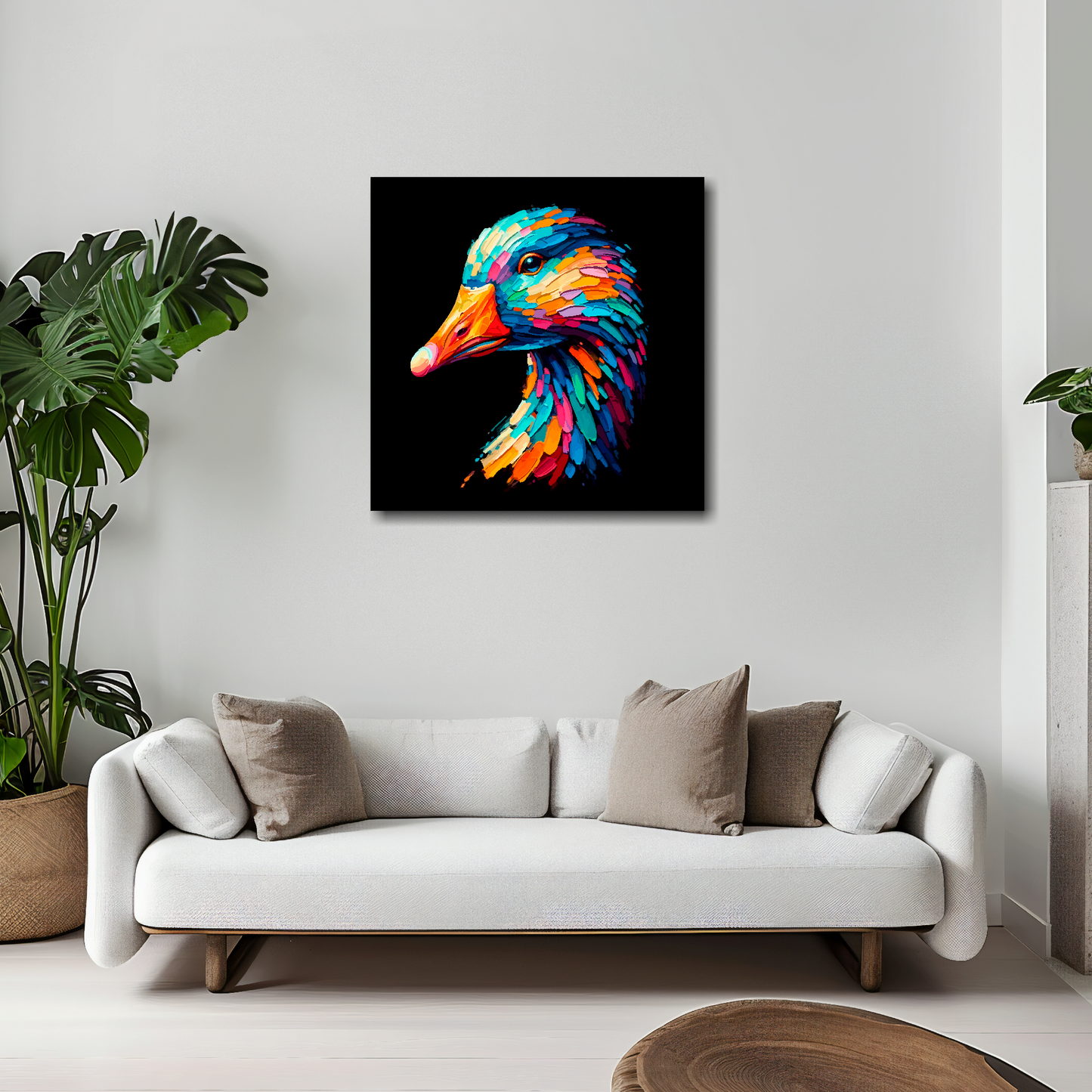 20 inch by 20 inch square canvas of a colourful Goose portrait on a black background. Mounted on a white wall above a white sofa with decorative pillows.