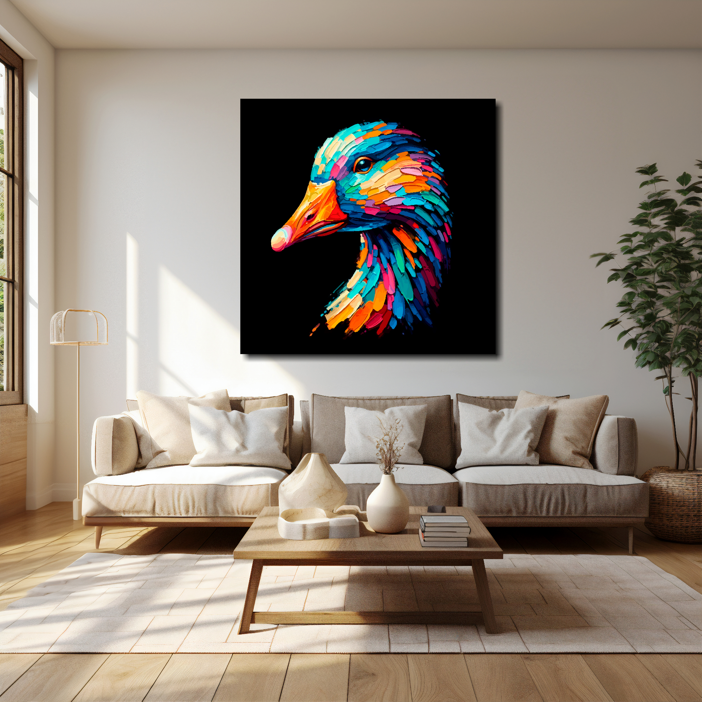 40 inch by 40 inch square canvas of a colourful Goose portrait on a black background. Mounted on a white wall above a cream sofa with decorative pillows.