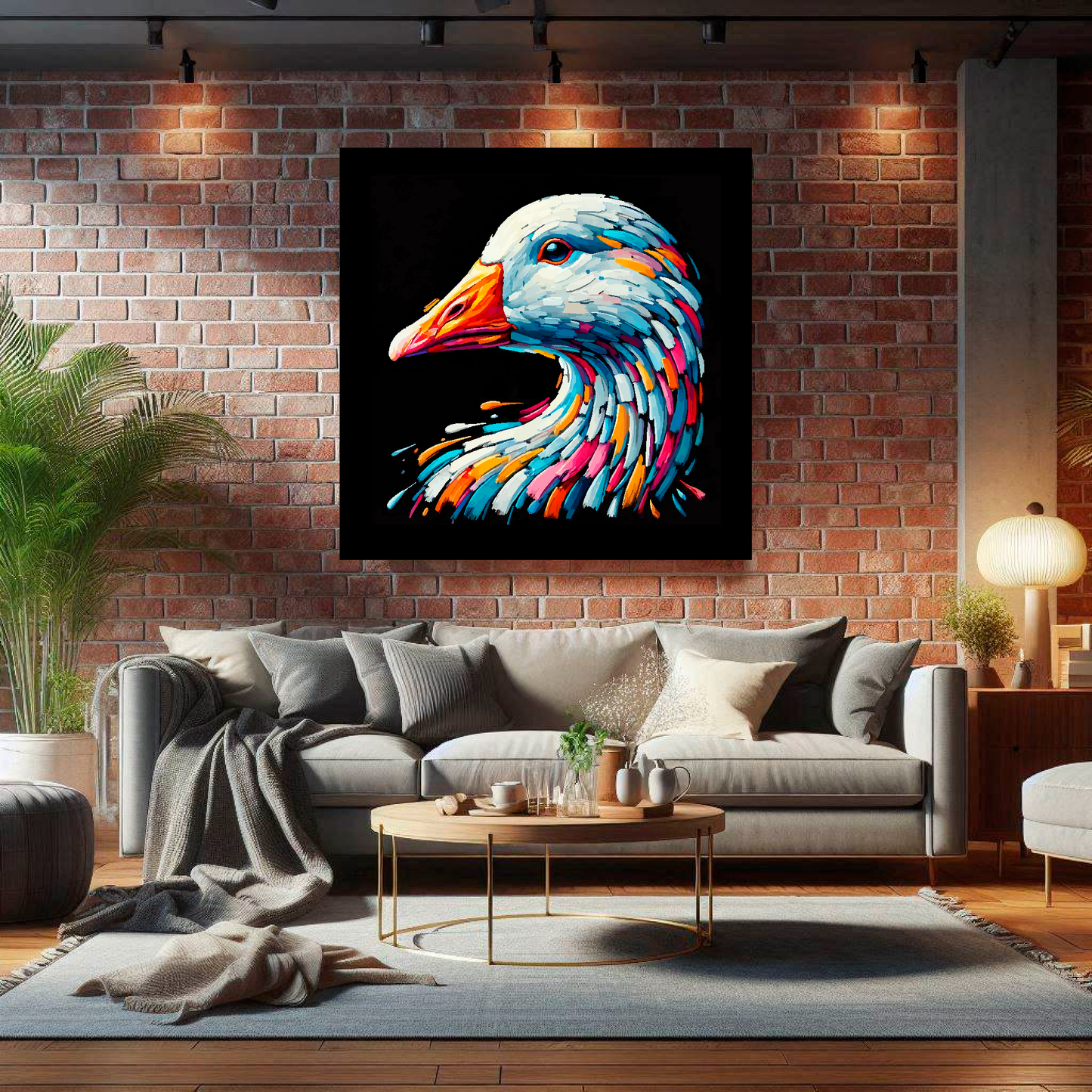 Large canvas wall art - A vibrant multi-coloured head portrait of a Goose. Available in 3 large sizes.