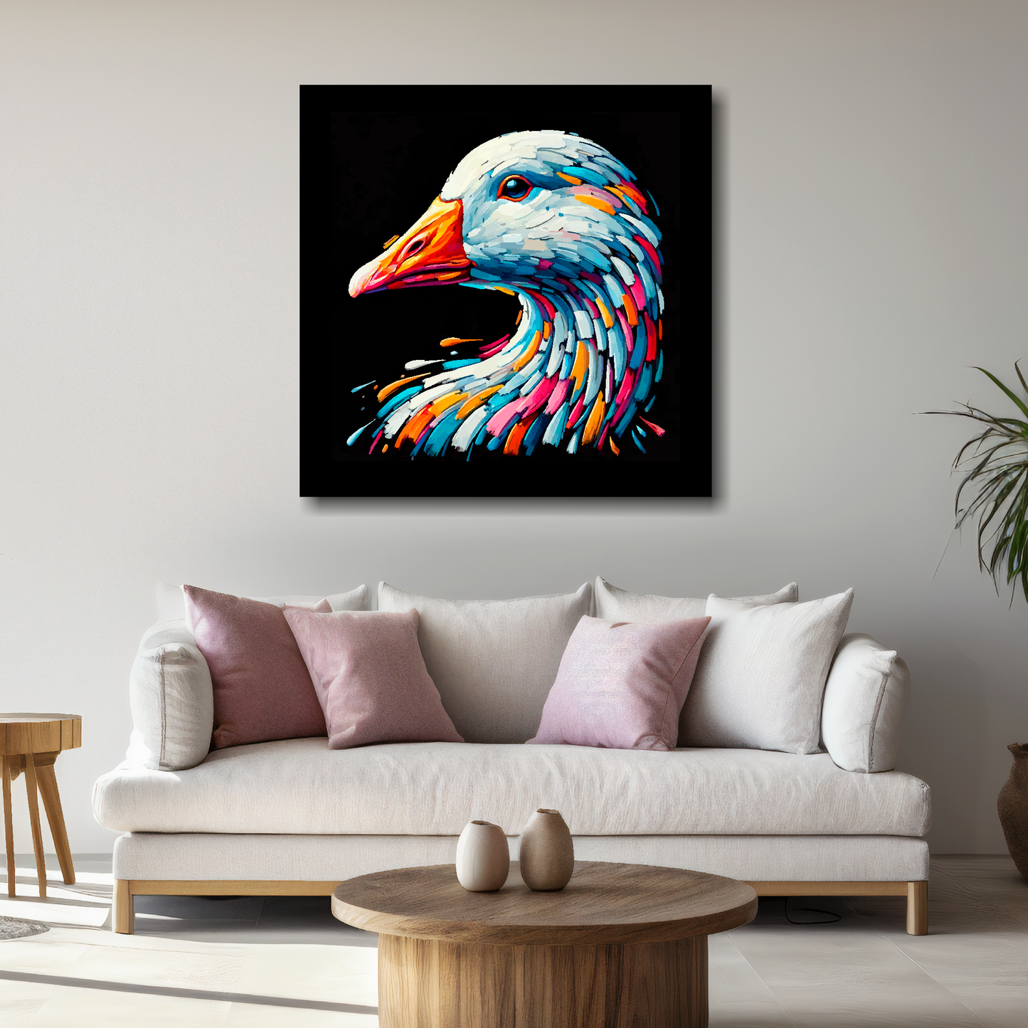 Large canvas wall art - A vibrant multi-coloured head portrait of a Goose. Available in 3 large sizes.