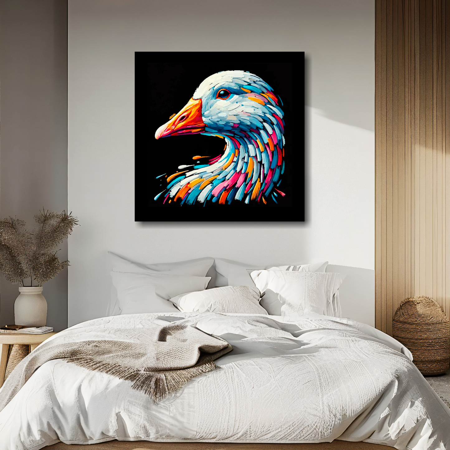 Large canvas wall art - A vibrant multi-coloured head portrait of a Goose. Available in 3 large sizes.