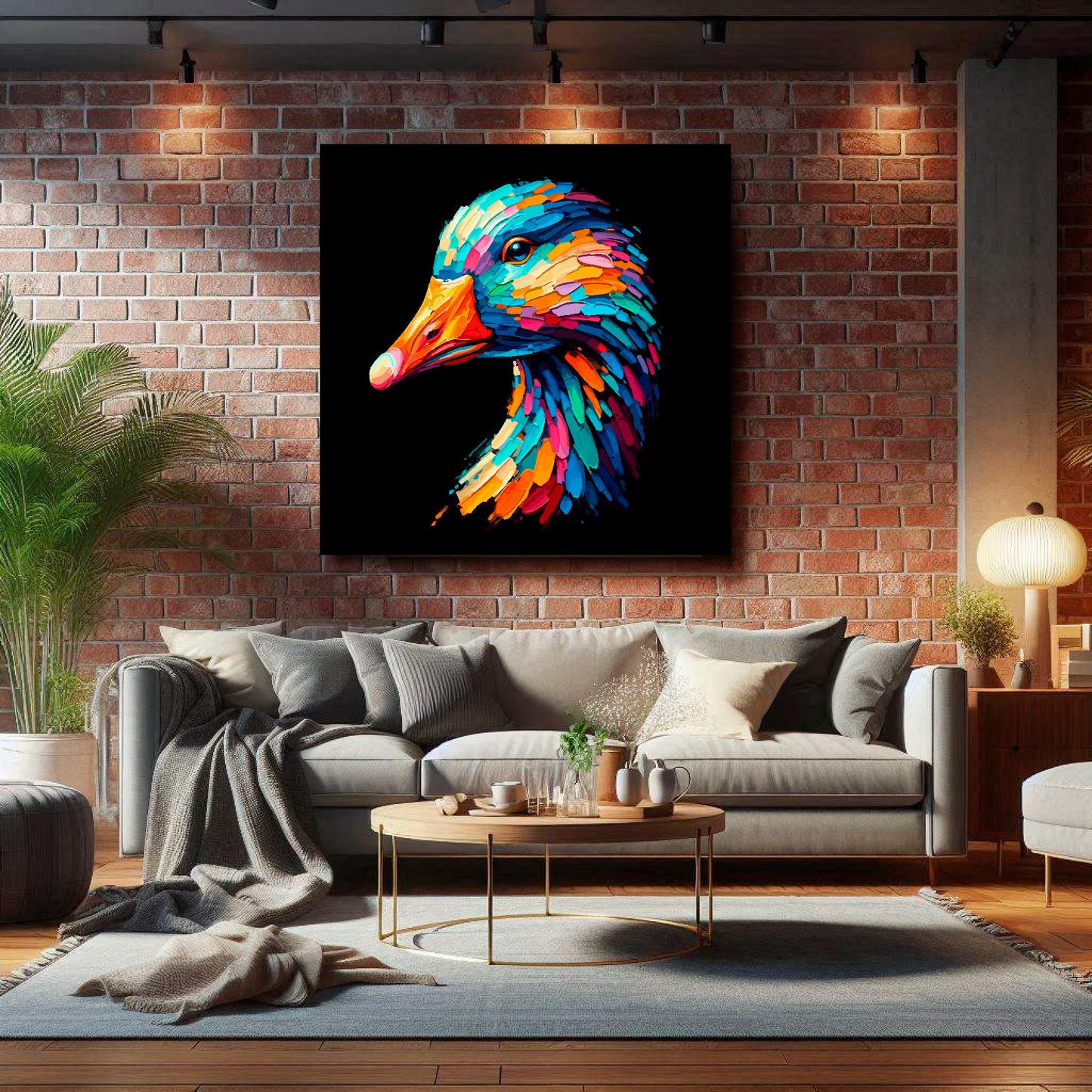 Large canvas wall art - Colourful Goose portrait on a black background. Availabe in 3 large sizes.
