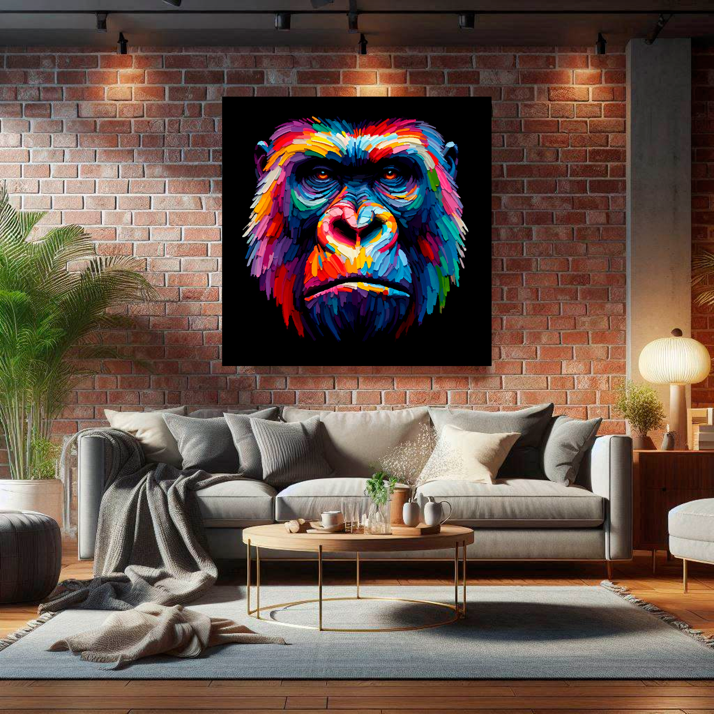 Large canvas wall art - A vibrant multi-coloured head portrait of a Gorilla. Available in 3 large sizes.