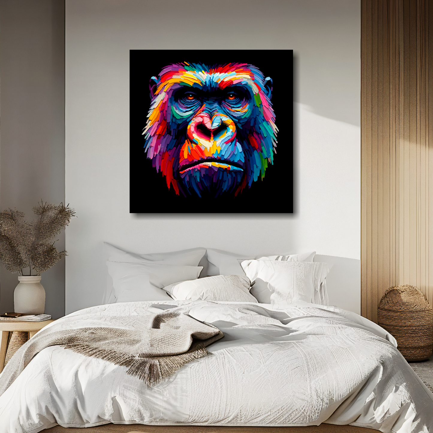 Large canvas wall art - A vibrant multi-coloured head portrait of a Gorilla. Available in 3 large sizes.