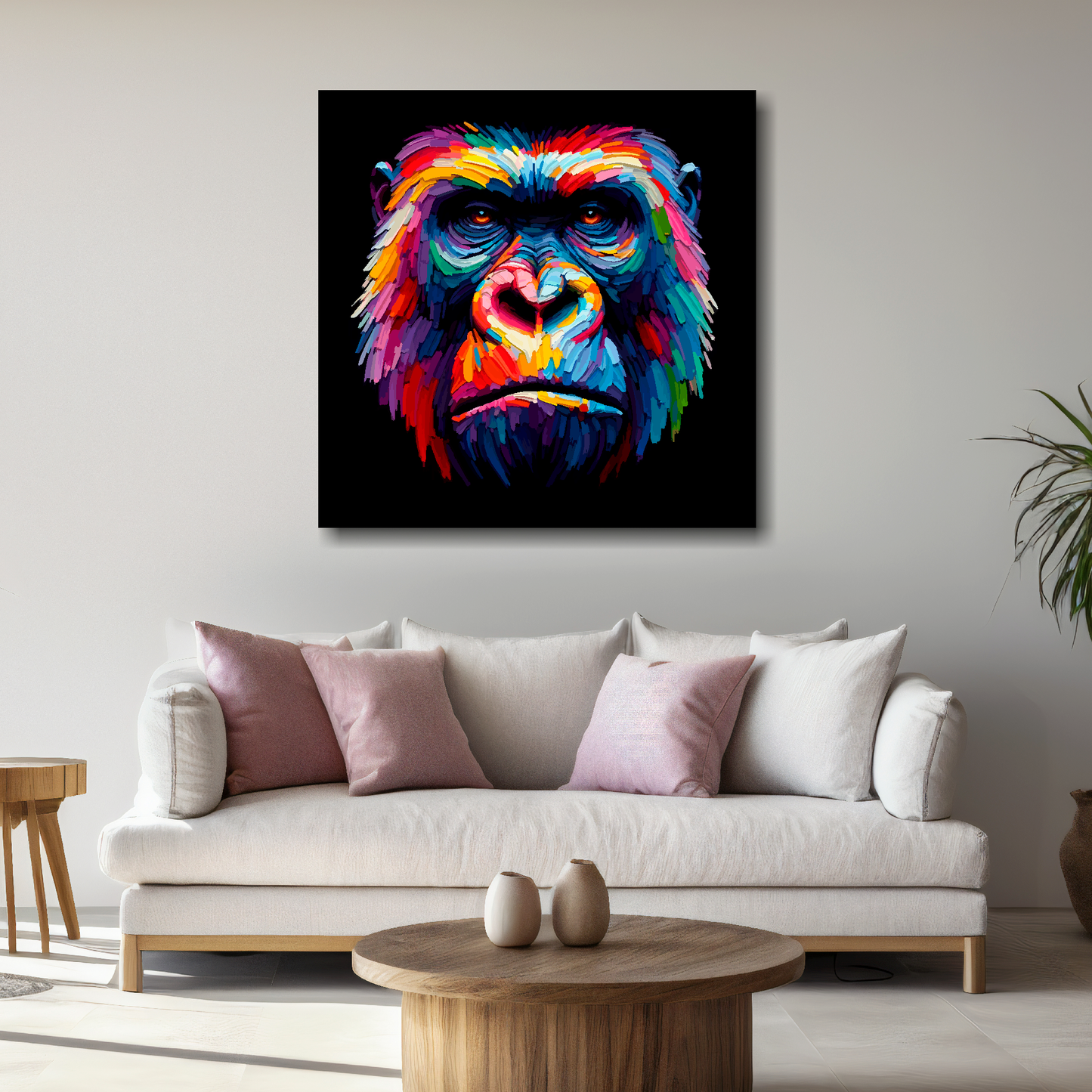 Large canvas wall art - A vibrant multi-coloured head portrait of a Gorilla. Available in 3 large sizes.