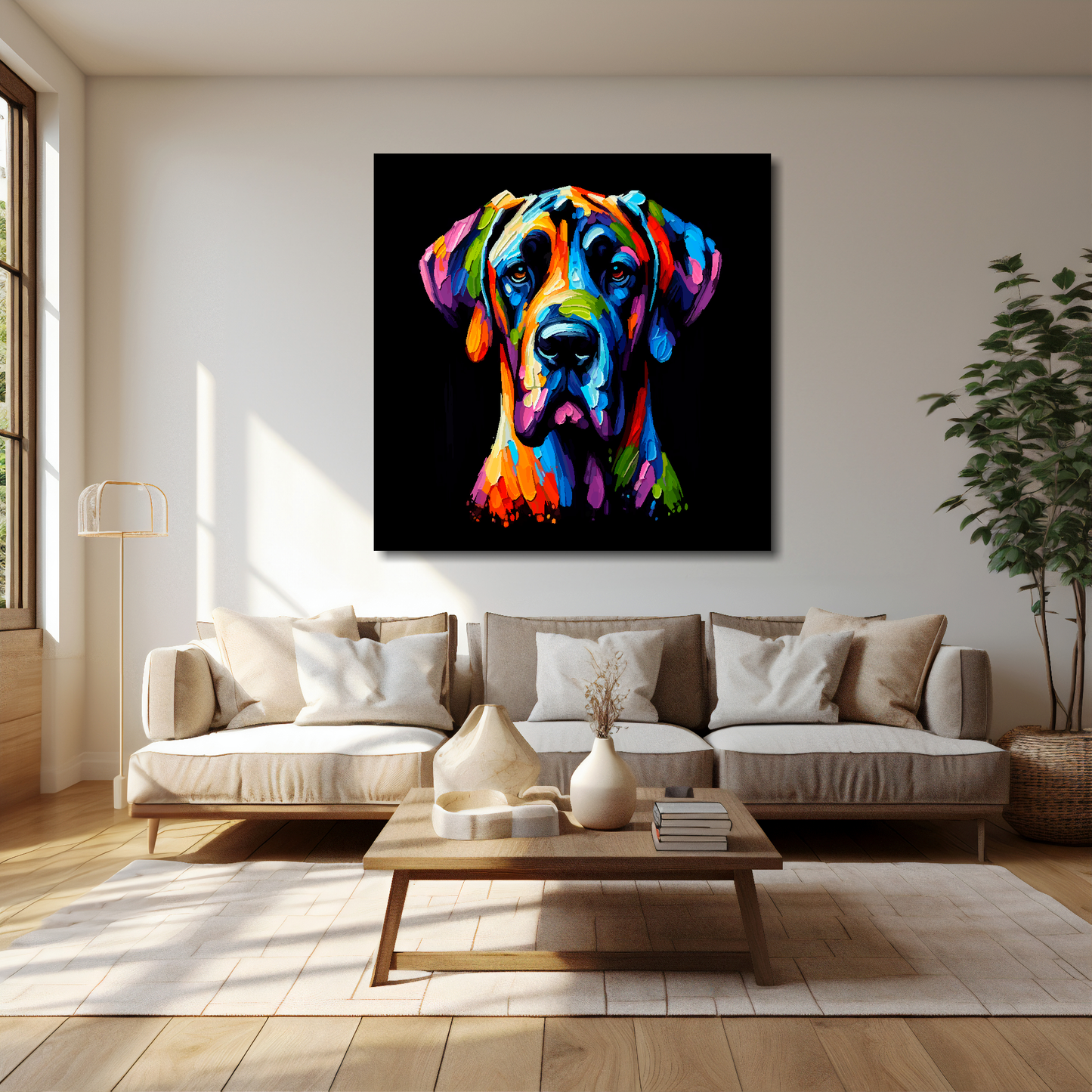 40 inch by 40 inch square canvas featuring a multi-coloured Great Dane dog portrait. Mounted on a cream wall above a cream sofa with decorative pillows.