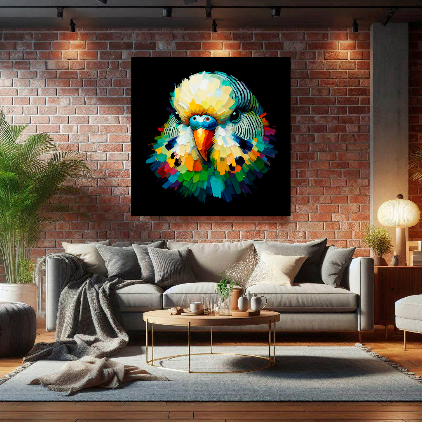 Large canvas wall art - A vibrant multi-coloured head portrait of a Green Budgie. Available in 3 large sizes.