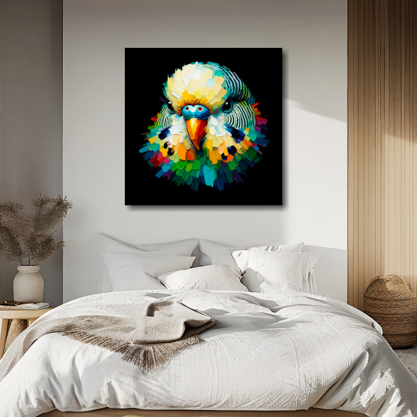 Large canvas wall art - A vibrant multi-coloured head portrait of a Green Budgie. Available in 3 large sizes.