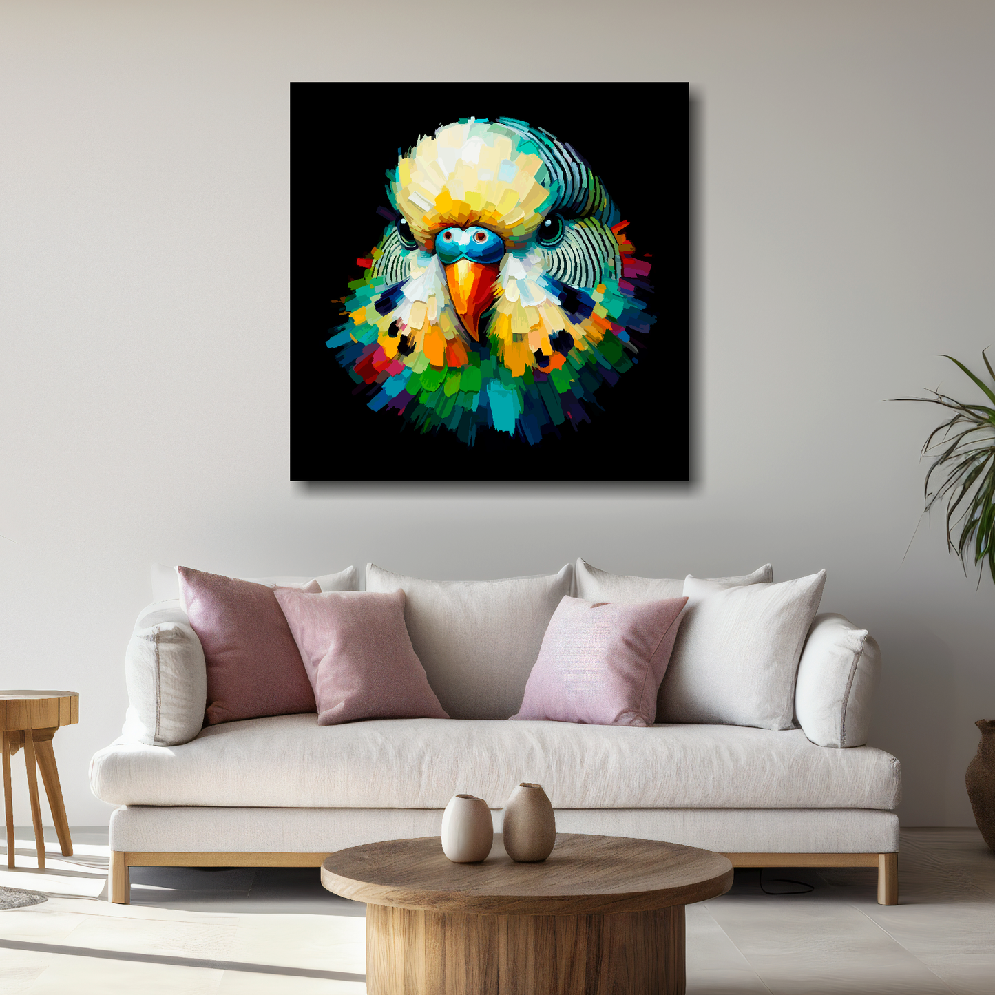 Large canvas wall art - A vibrant multi-coloured head portrait of a Green Budgie. Available in 3 large sizes.