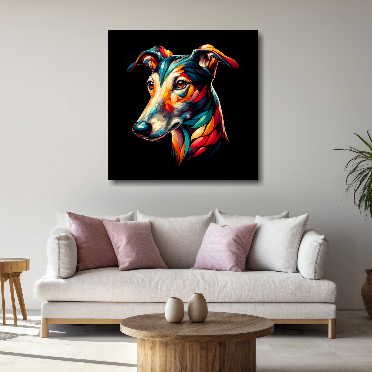 Large canvas wall art - A vibrant multi-coloured head portrait of a Greyhound. Available in 3 large sizes.