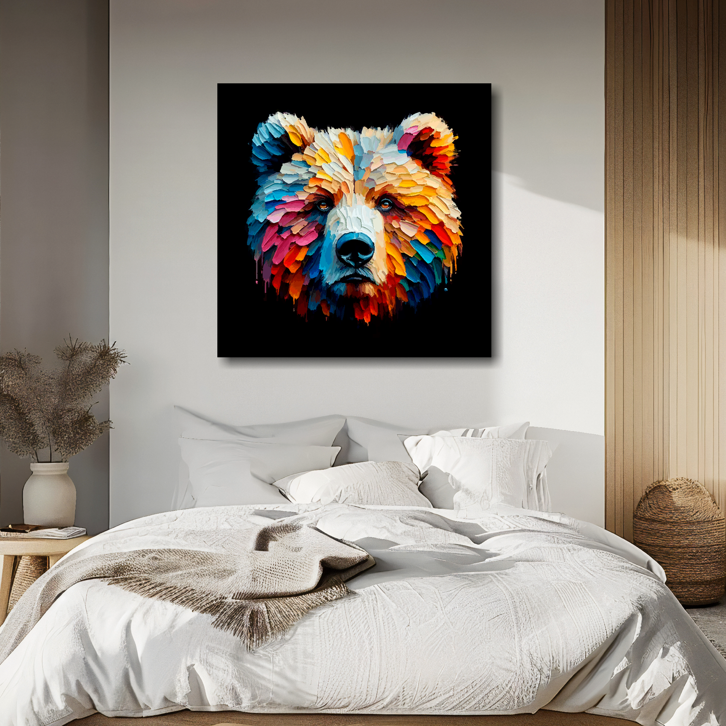 Large canvas wall art - A vibrant multi-coloured head portrait of a Grizzly Bear. Available in 3 large sizes.