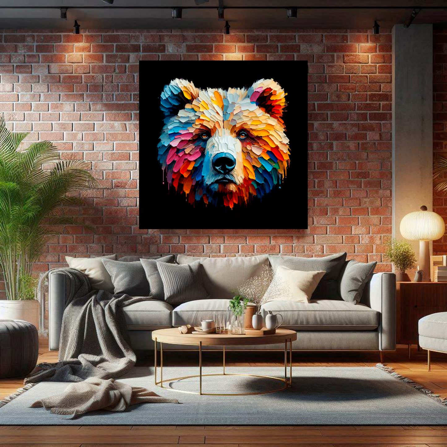 Large canvas wall art - A vibrant multi-coloured head portrait of a Grizzly Bear. Available in 3 large sizes.