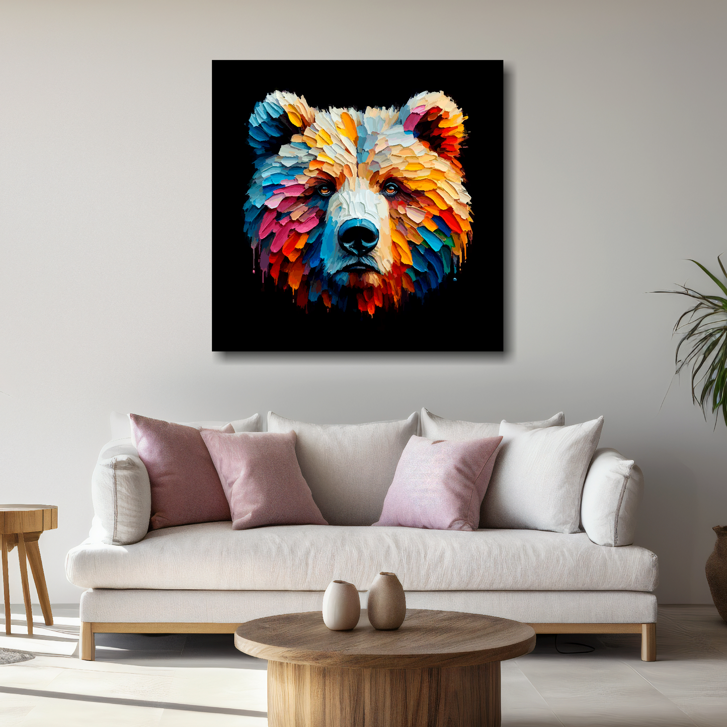 Large canvas wall art - A vibrant multi-coloured head portrait of a Grizzly Bear. Available in 3 large sizes.