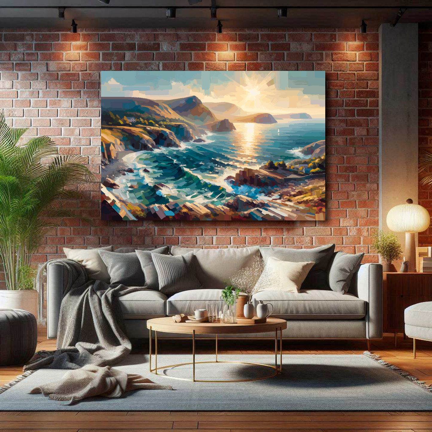 Living room with a gray sofa, coffee table, and a large canvas of a coastal scene on a brick wall.