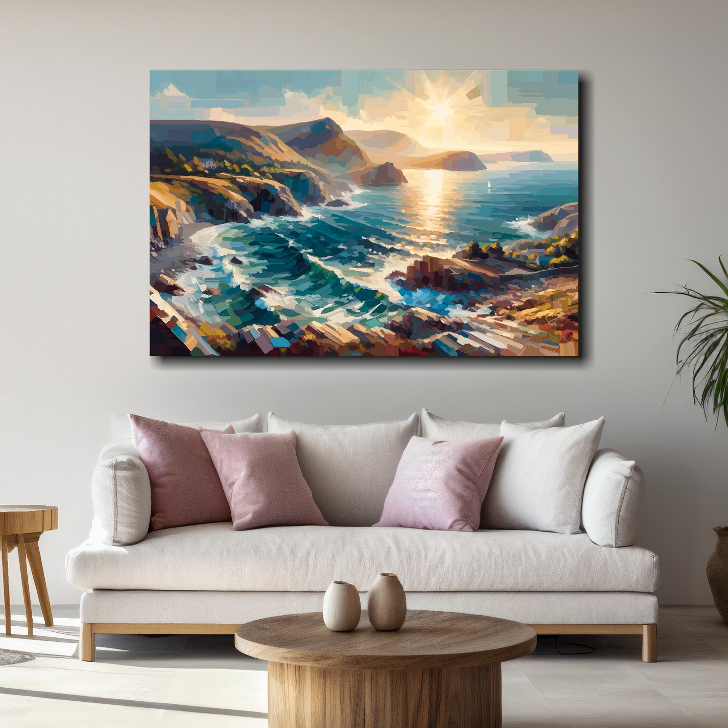 Seascape canvas of a coastal scene above a white sofa with decorative pillows.