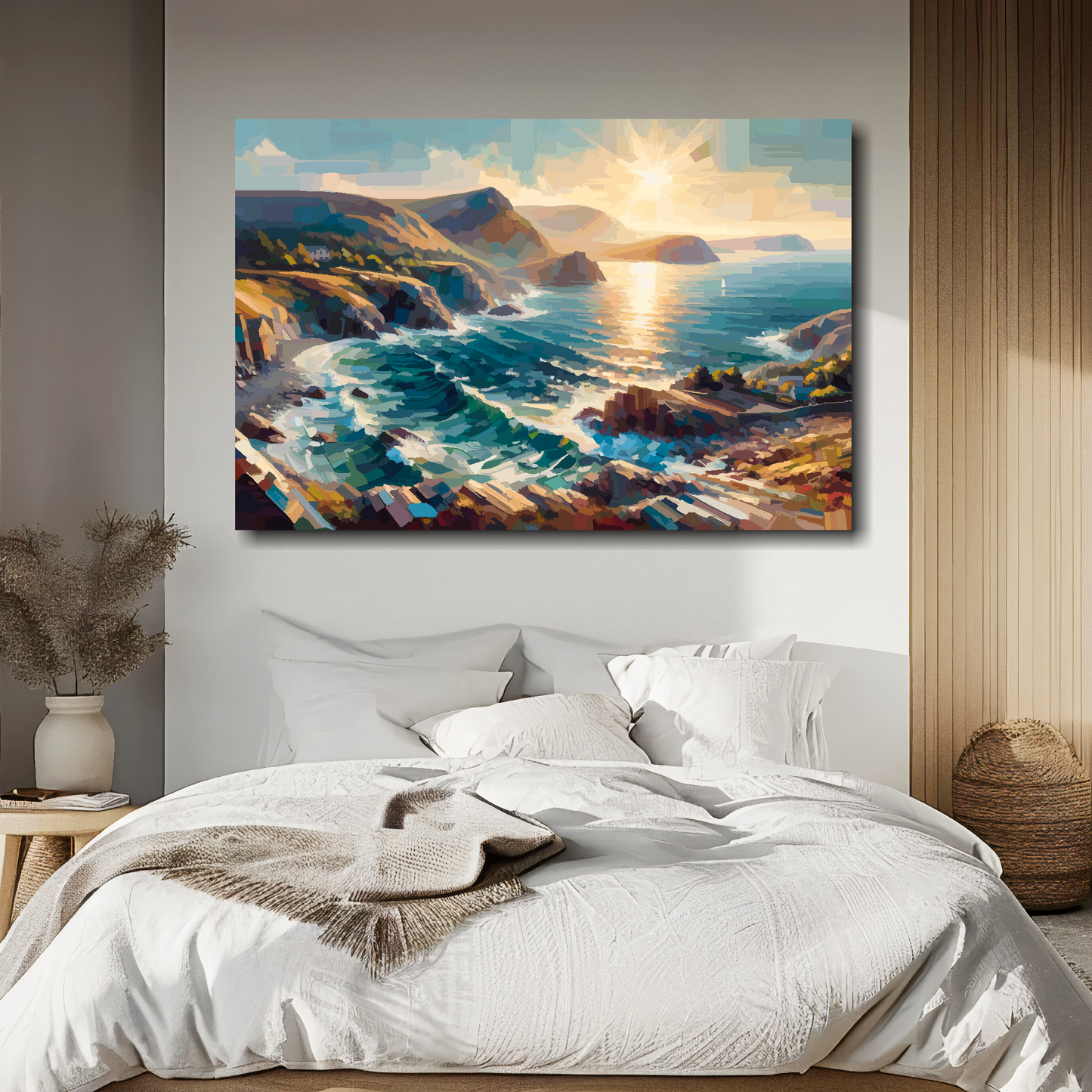 Big canvas of a coastal landscape above a bed in a bedroom