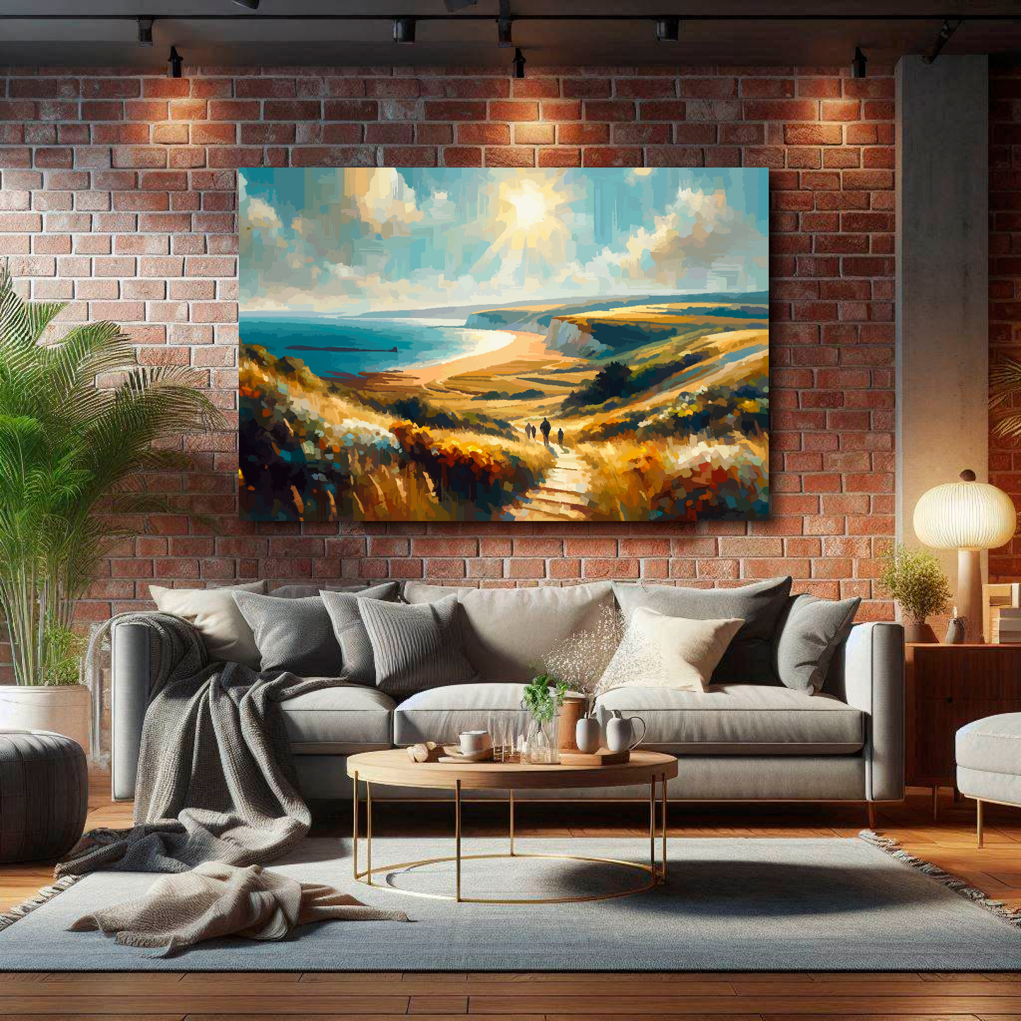 Living room with a gray sofa, coffee table, and a large landscape painting on a brick wall.