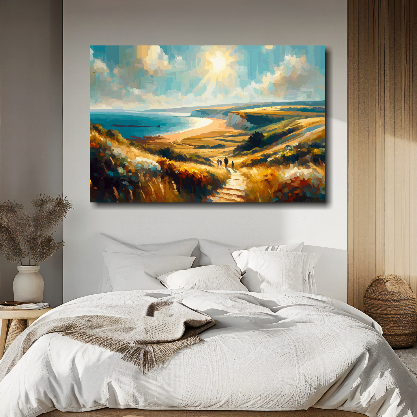 Painting of a landscape with a path and ocean on a wall above a bed.