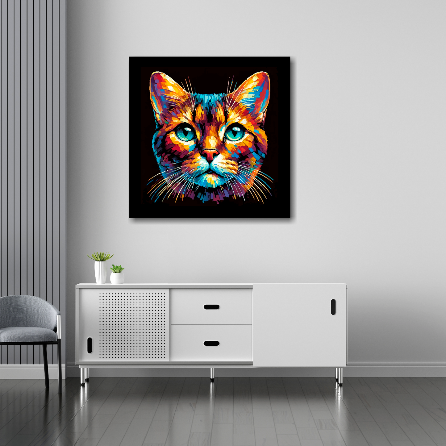 30 inch by 30 inch square canvas of a colourful Havana Brown cat head portrait on a black background. Mounted on a white wall above a white sideboard.