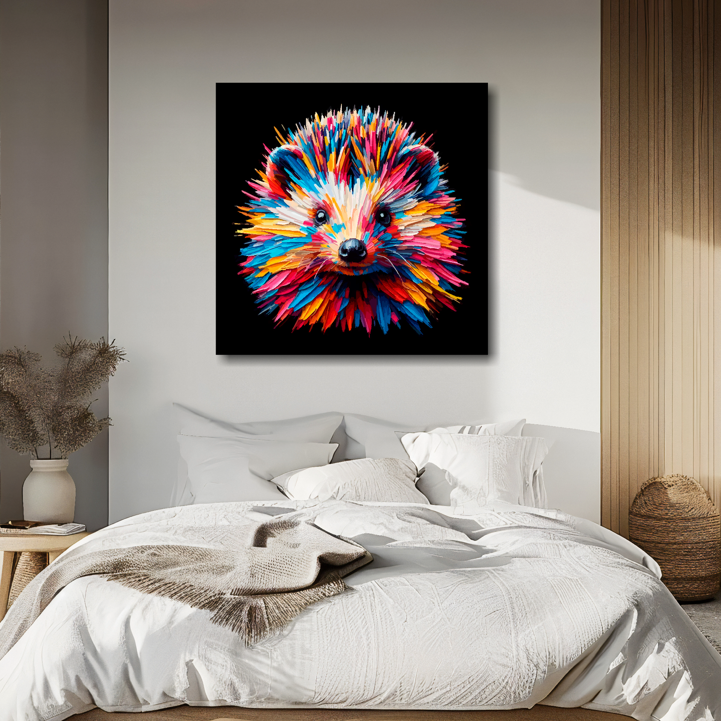 Large canvas wall art - A vibrant multi-coloured head portrait of a Hedgehog. Available in 3 large sizes.