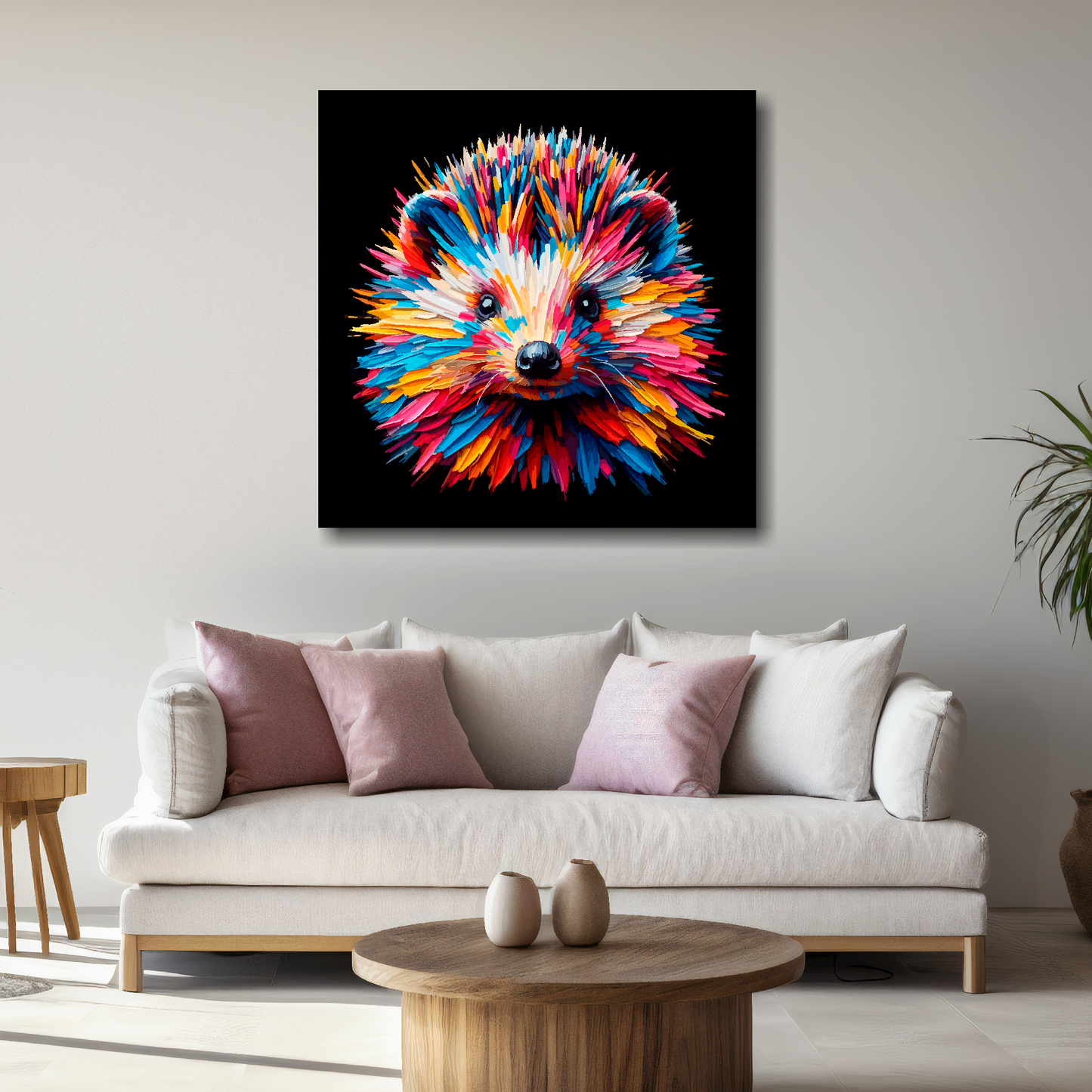Large canvas wall art - A vibrant multi-coloured head portrait of a Hedgehog. Available in 3 large sizes.