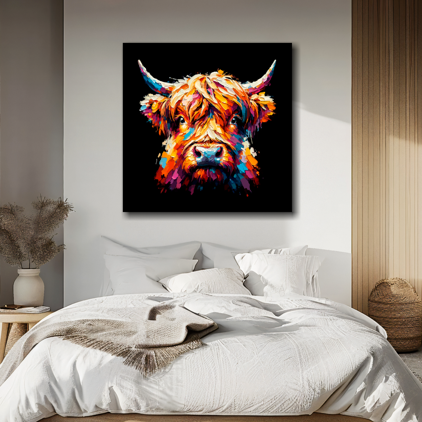 Large canvas wall art - Colourful Highland Cow portrait on a black background. Available in 3 large sizes.