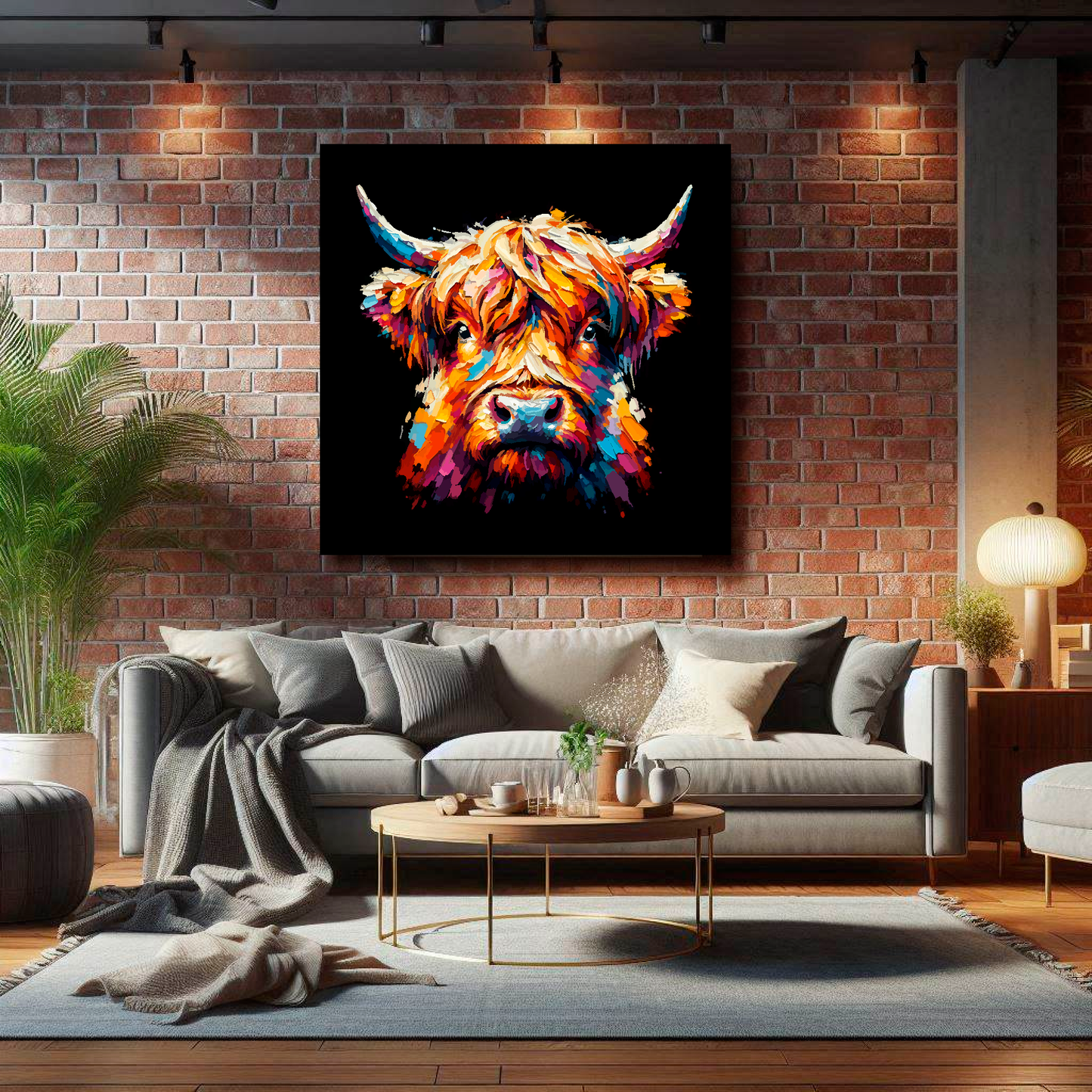 Large canvas wall art - Colourful Highland Cow portrait on a black background. Available in 3 large sizes.