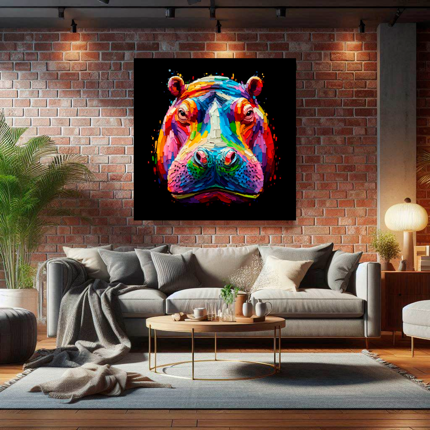 Large canvas wall art - A vibrant multi-coloured head portrait of a Hippo. Available in 3 large sizes.