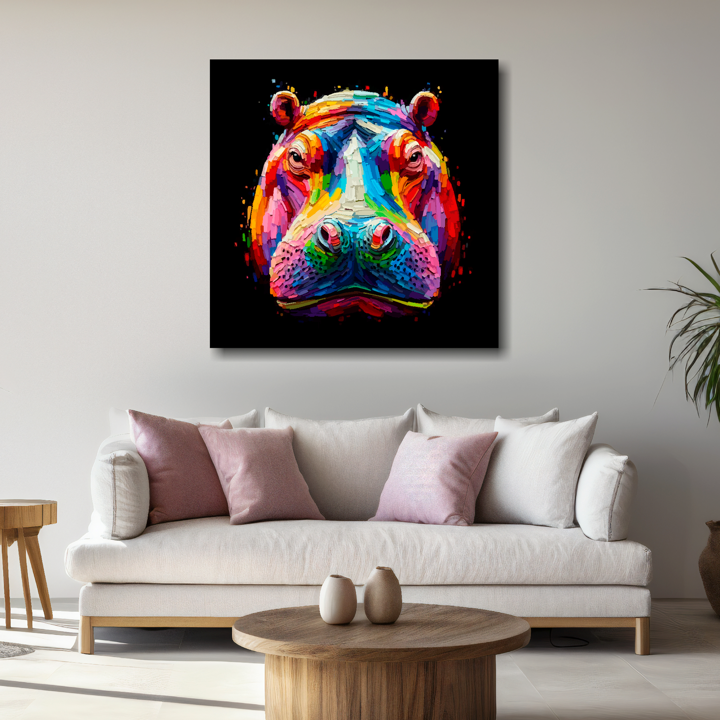 Large canvas wall art - A vibrant multi-coloured head portrait of a Hippo. Available in 3 large sizes.