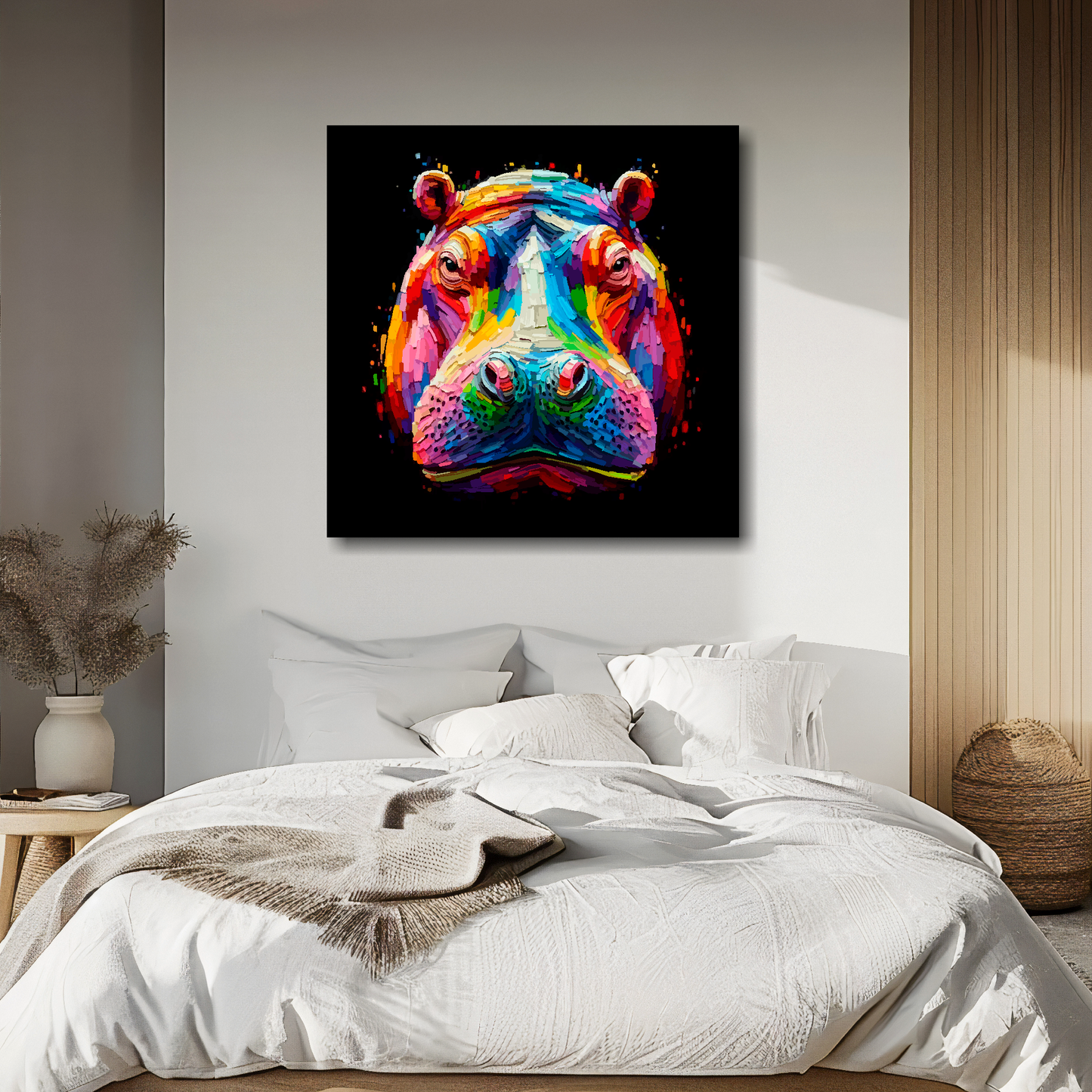 Large canvas wall art - A vibrant multi-coloured head portrait of a Hippo. Available in 3 large sizes.