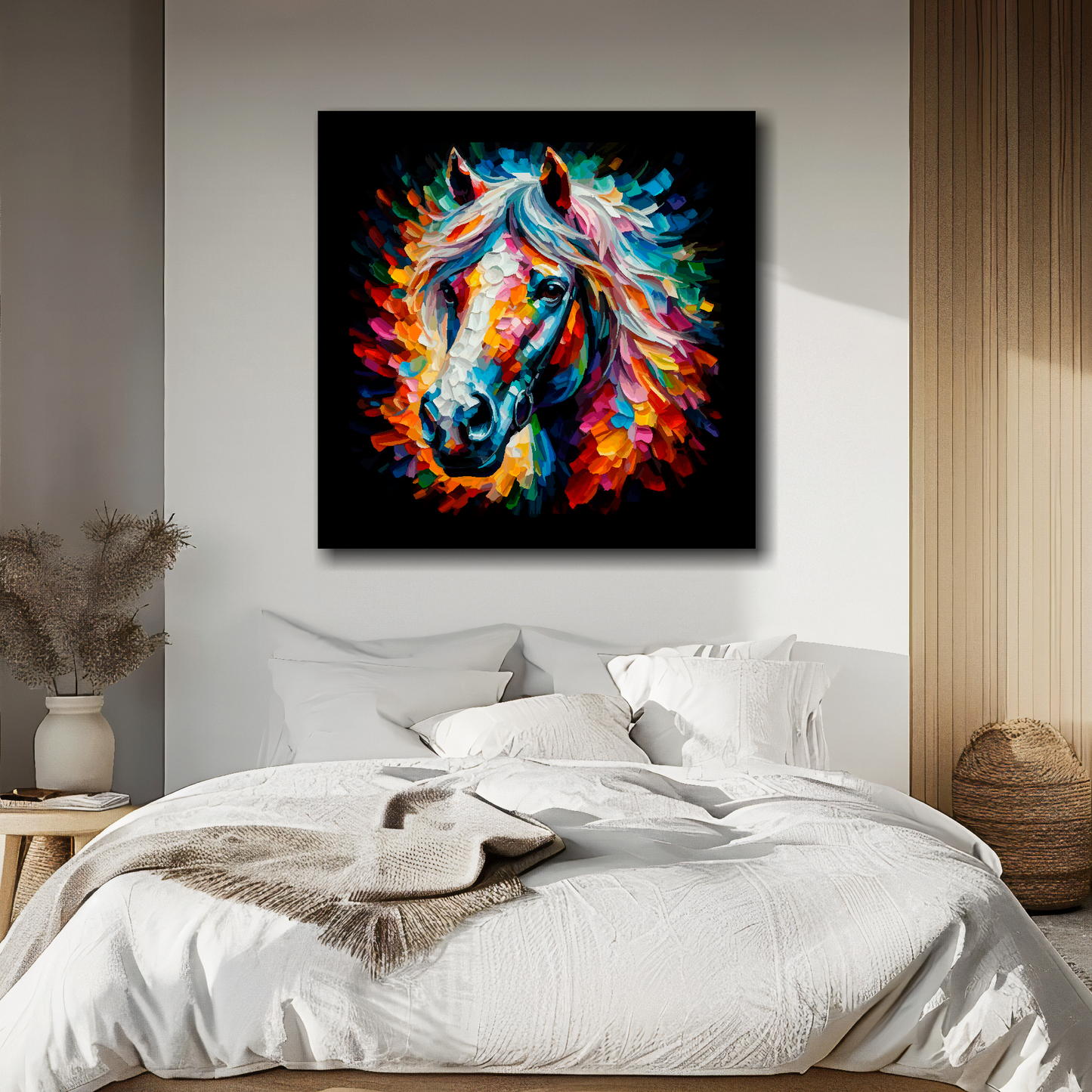 Large canvas wall art - Colourful Horse portrait on a black background. Available in 3 large sizes.