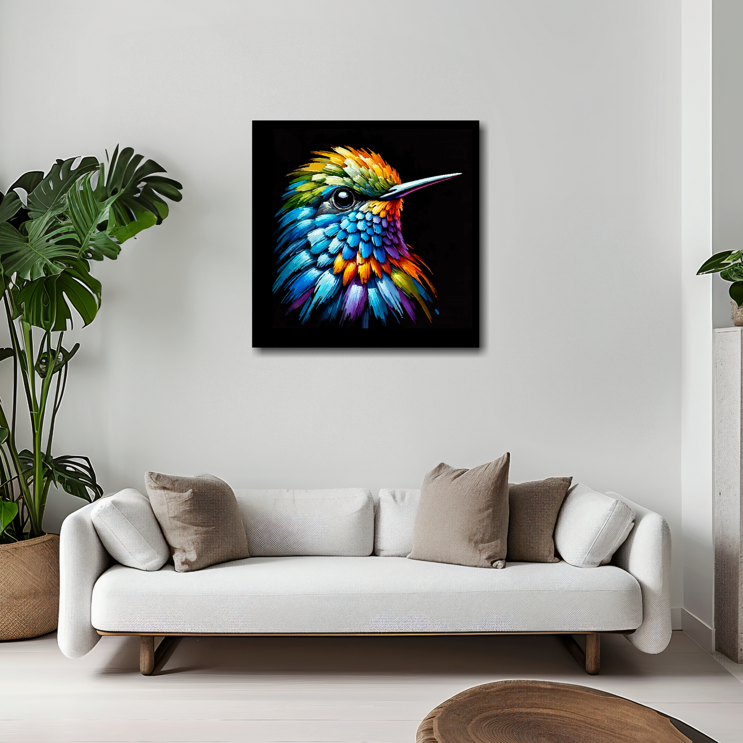 20 inch by 20 inch square canvas of a colourful Hummingbird portrait on a black background. Mounted on a white wall above a white sofa with decorative pillows.
