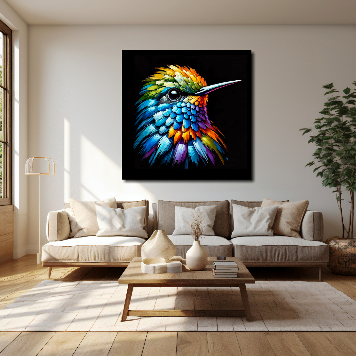 40 inch by 40 inch square canvas of a colourful Hummingbird portrait on a black background. Mounted on a white wall above a cream sofa with decorative pillows.