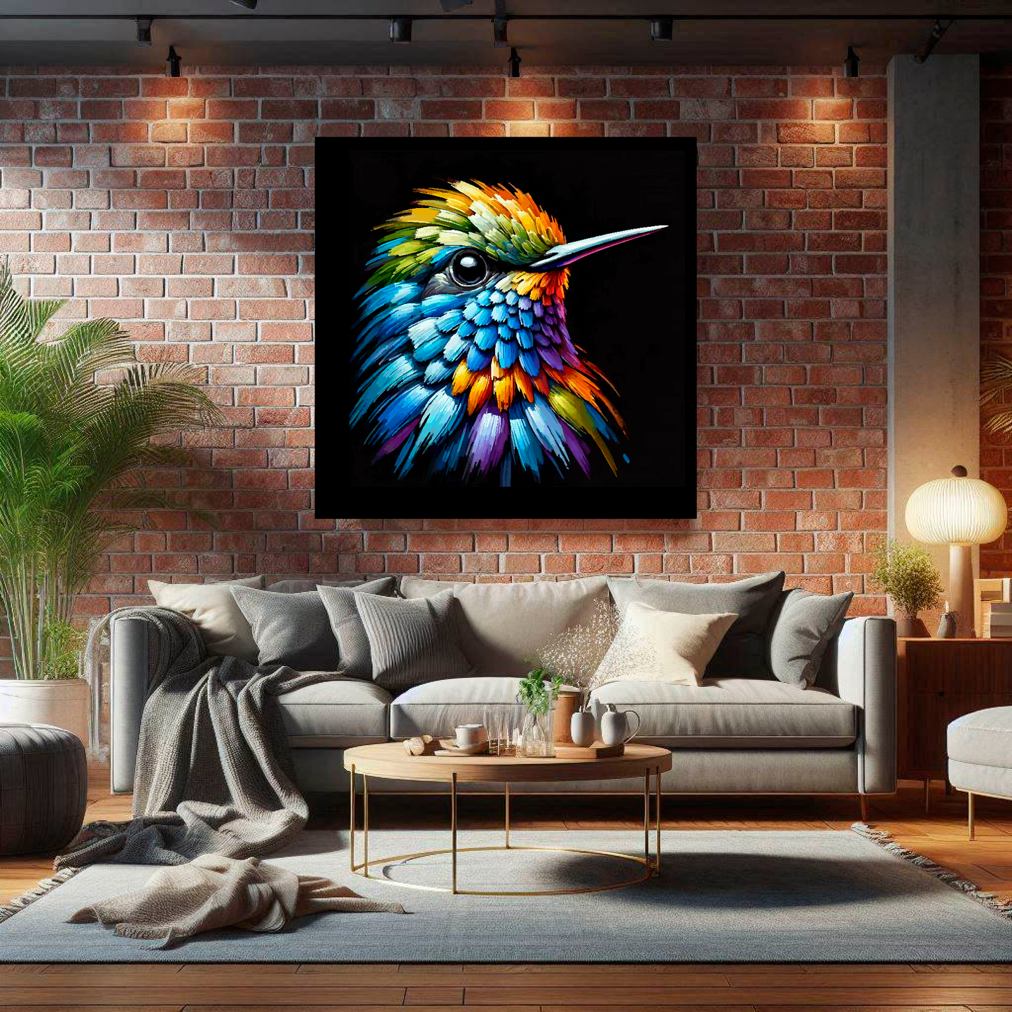 Large canvas wall art - A vibrant multi-coloured head portrait of a Hummingbird. Available in 3 large sizes.
