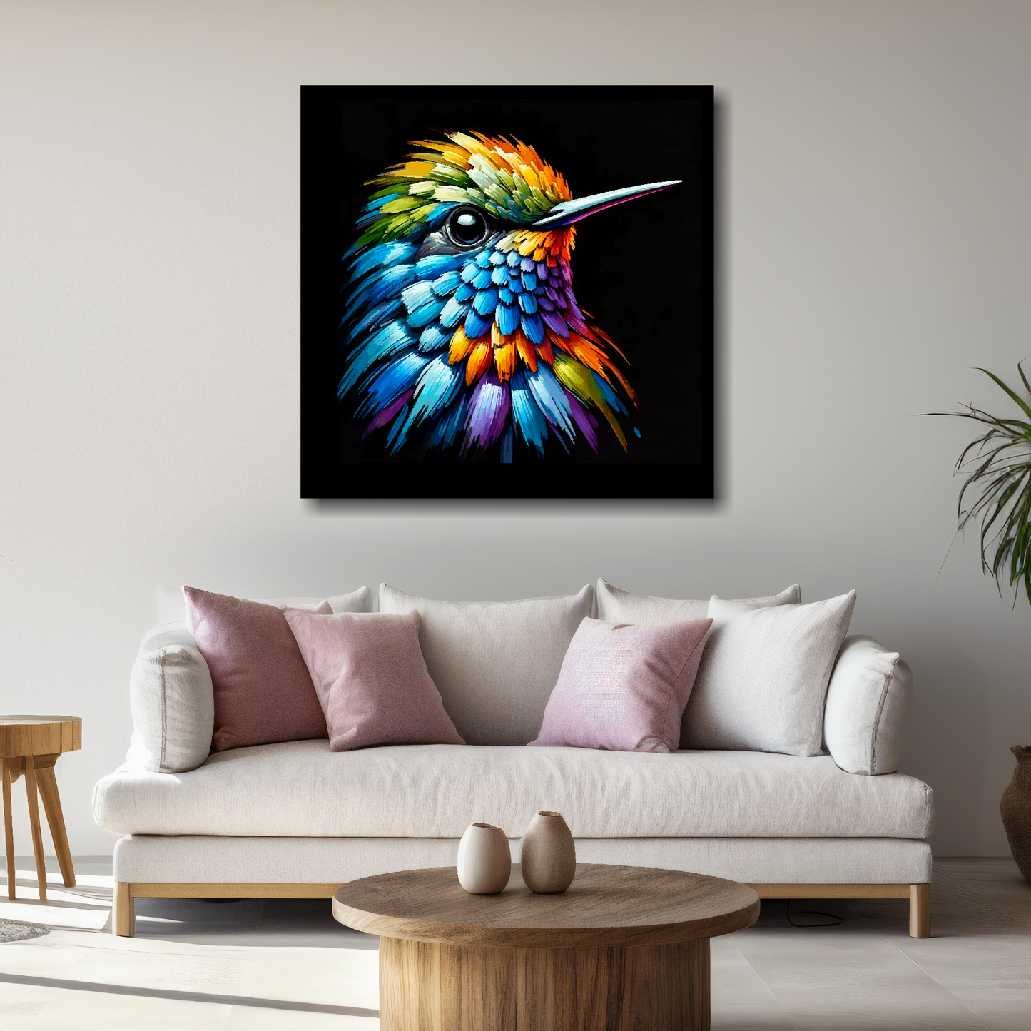 Large canvas wall art - A vibrant multi-coloured head portrait of a Hummingbird. Available in 3 large sizes.